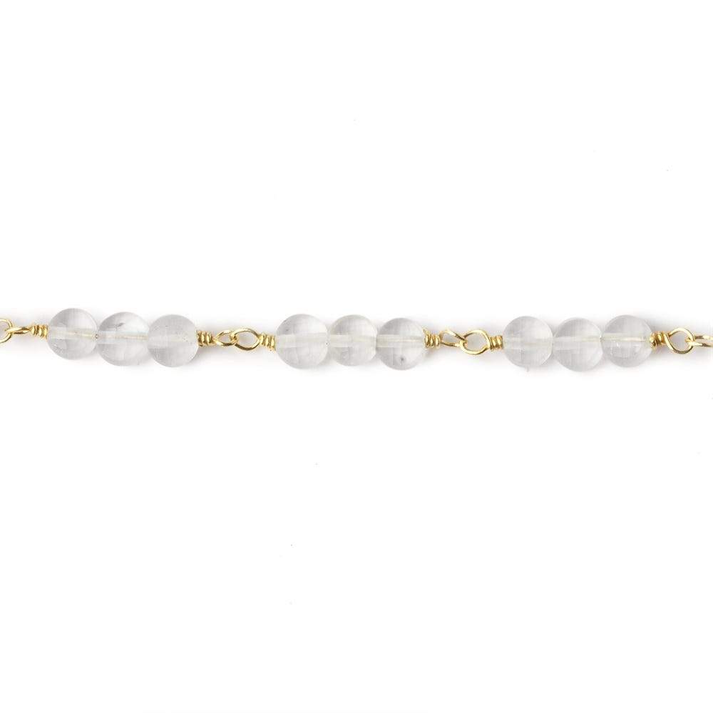 4mm Matte Crystal Quartz faceted coin Trio Gold Chain by the foot 54 beads per length