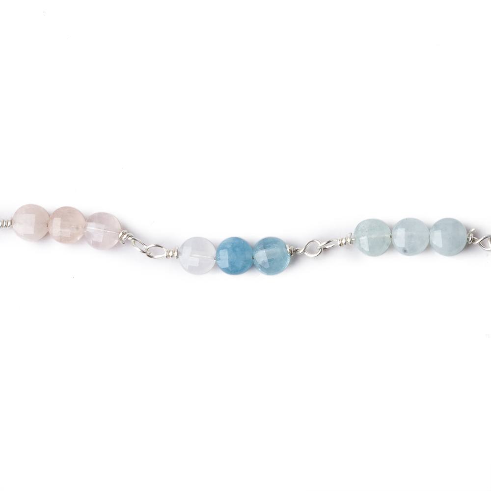 4mm Multi Color Beryl faceted coin Trio Silver Chain by the foot 54 beads per length