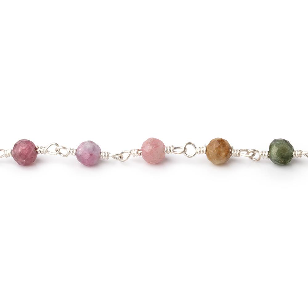 4mm Multi Color Tourmaline Micro Faceted Round on Silver Plated Chain