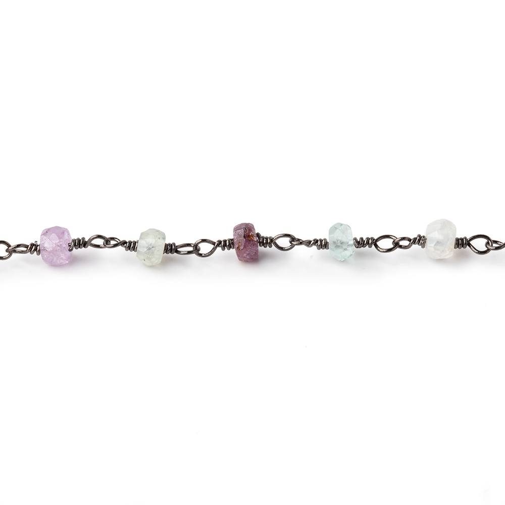 4mm Multi Gemstone Faceted Rondelles on Black Gold .925 Silver Chain