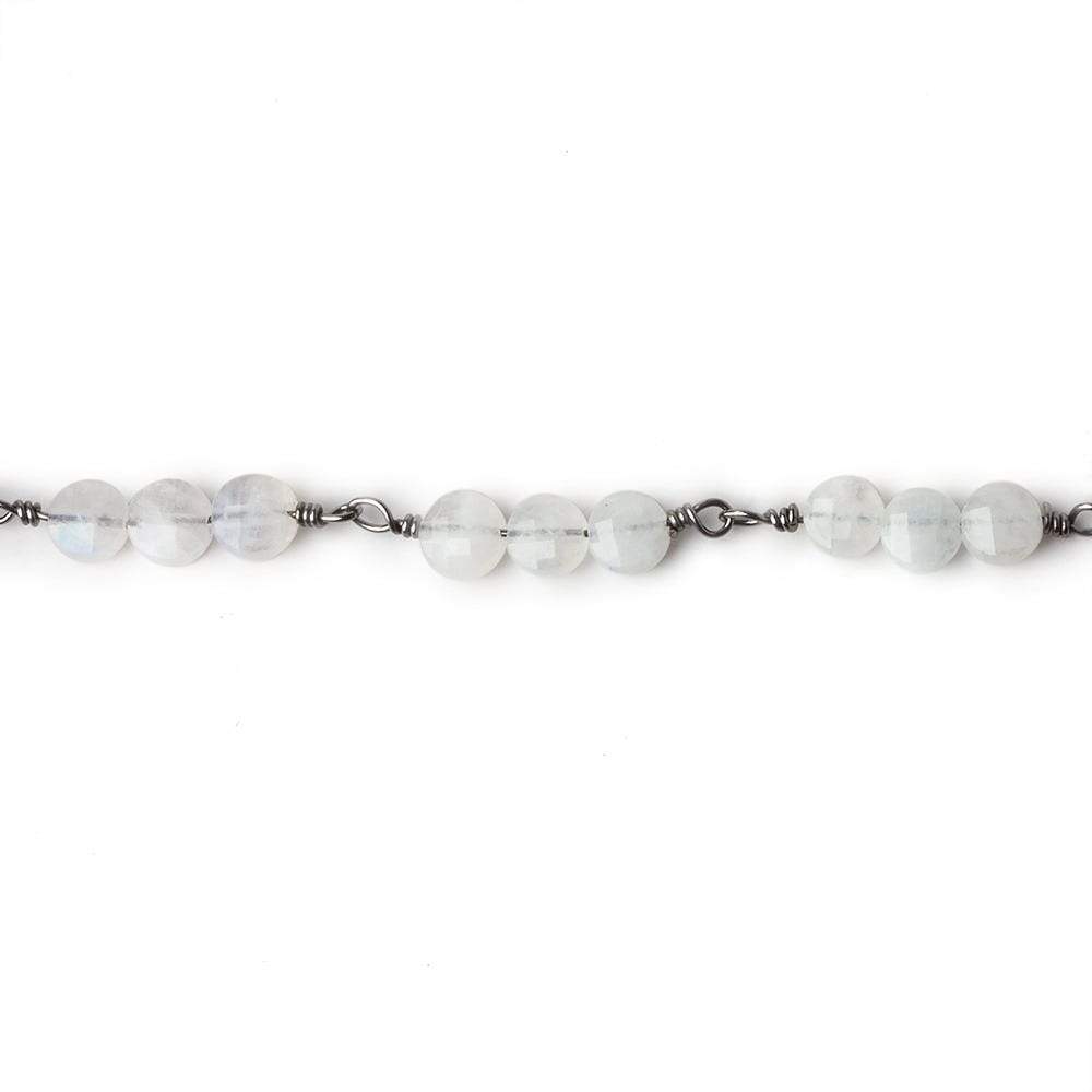 4mm Rainbow Moonstone faceted coin Trio Black Gold Chain by the foot 54 beads per length