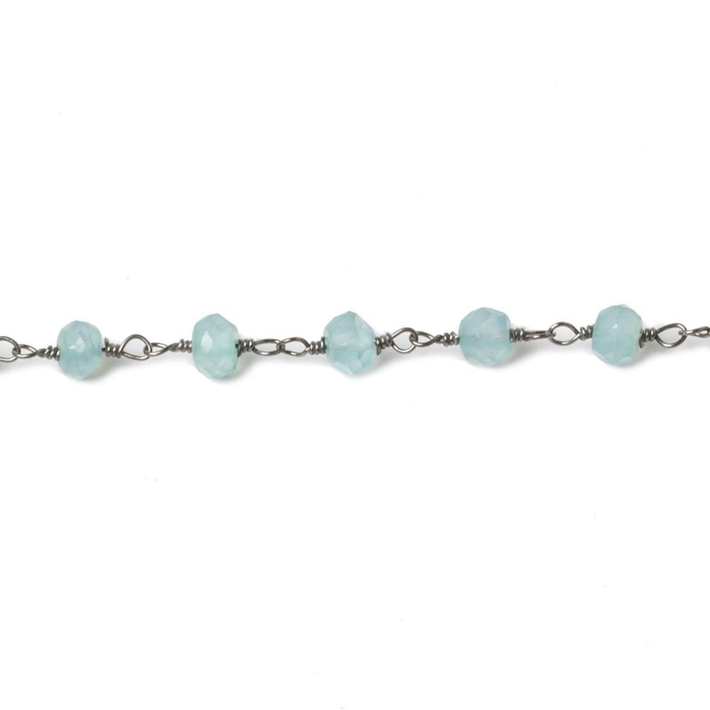 4-4.5mm Seafoam Blue Chalcedony faceted rondelle Black Gold Chain by the foot 32 beads