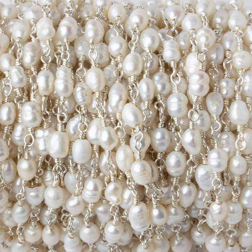 4x5-3x4mm White Straight Drill Baroque Pearl Silver plated Chain by the foot 27 pcs