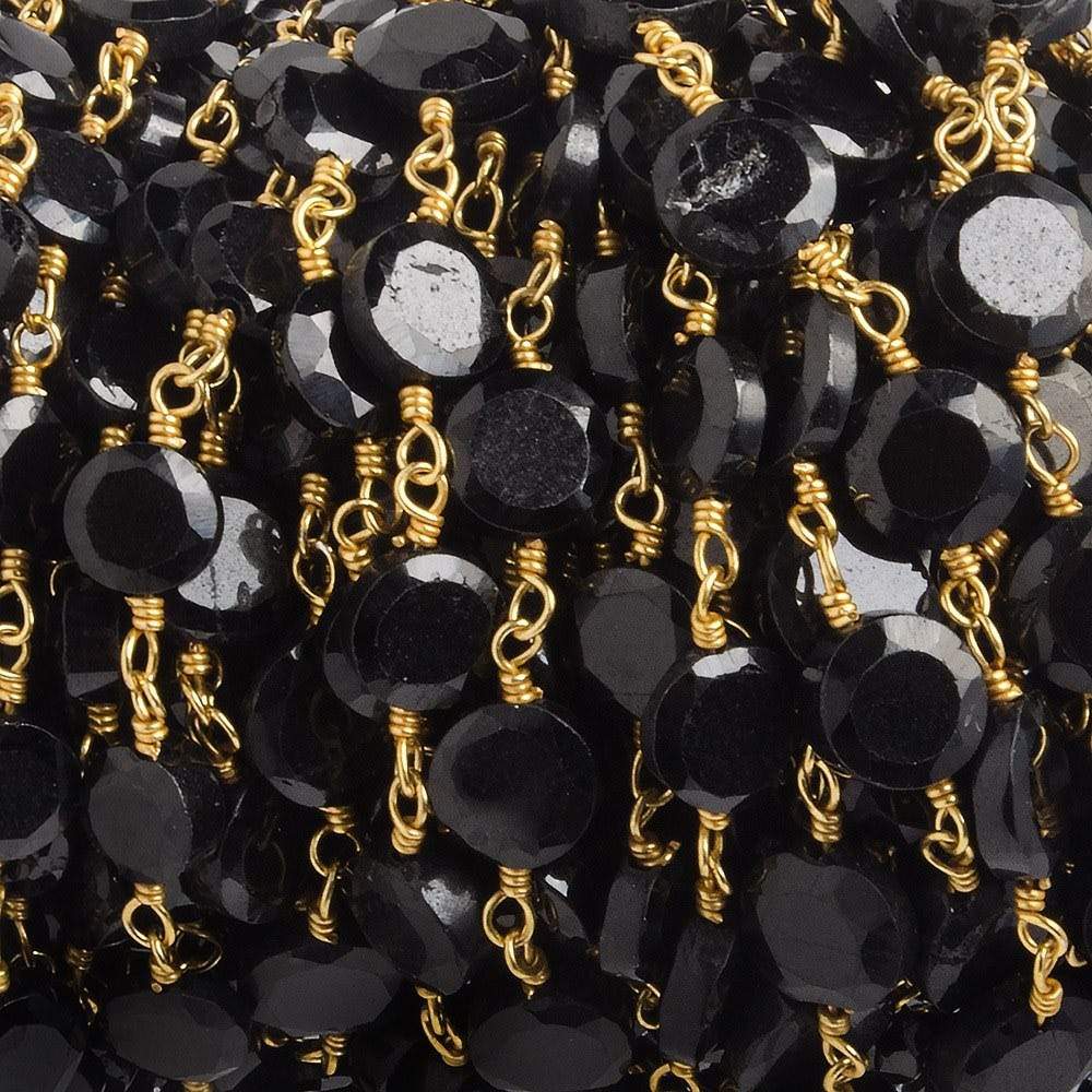 5-6mm Black Spinel bezel faceted coin Gold plated Chain by the foot 27 pcs
