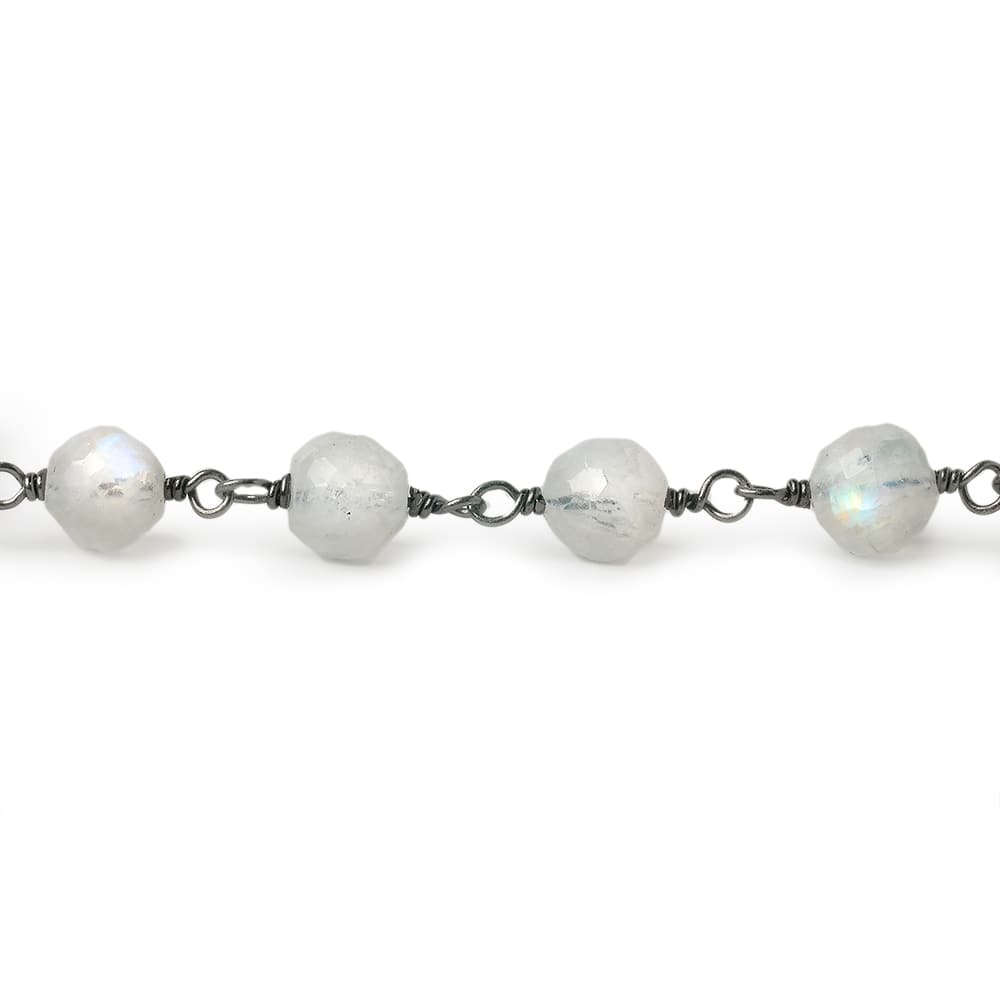 5-6mm Rainbow Moonstone faceted round Black Gold .925 Sterling Silver Chain by the foot 27 pieces