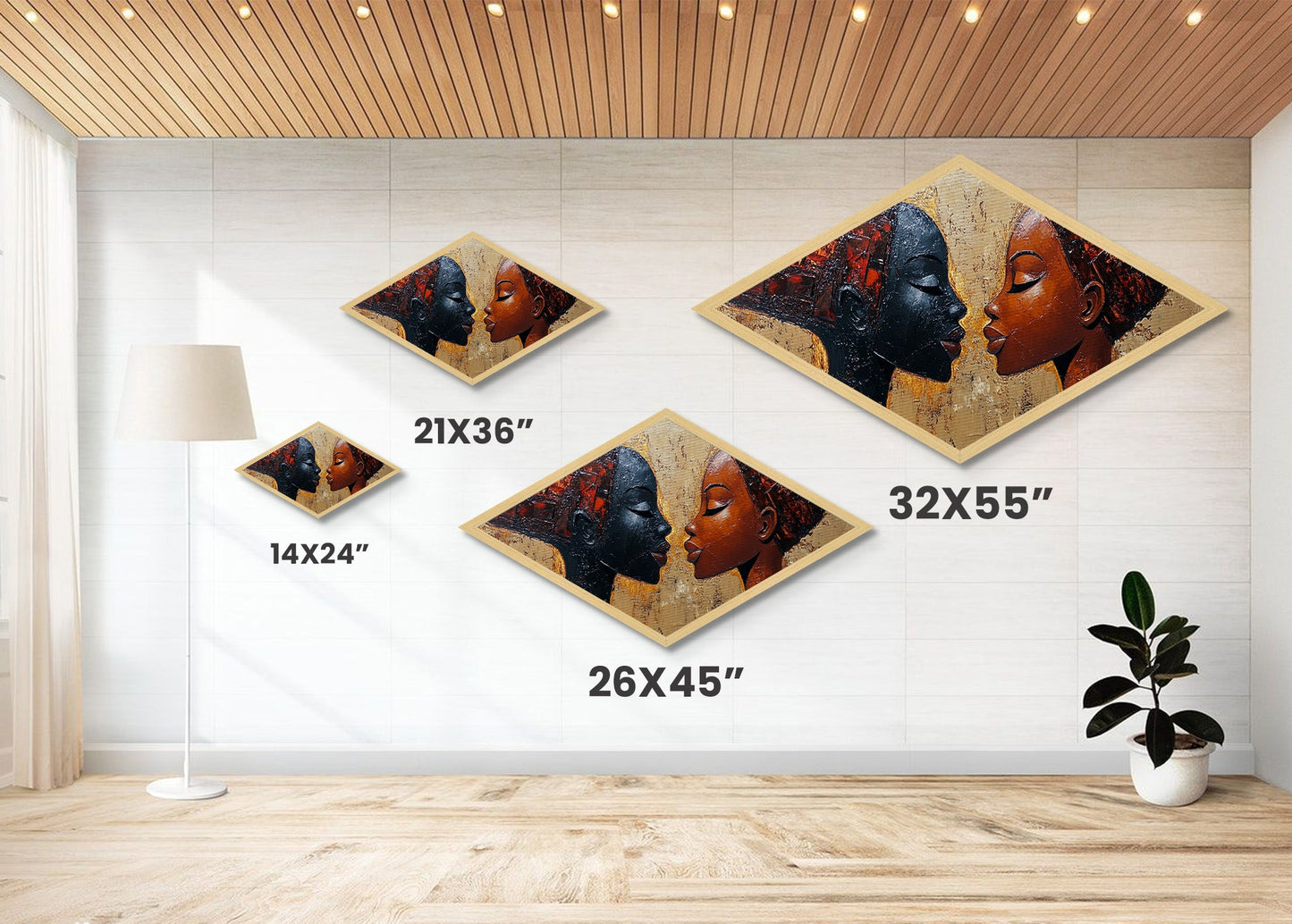 Radiant Unity - Diamond Shaped Canvas Embossed Print Modern Afrocentric Art Bedroom Wall Decor Couple Gift Bold Abstract Expression