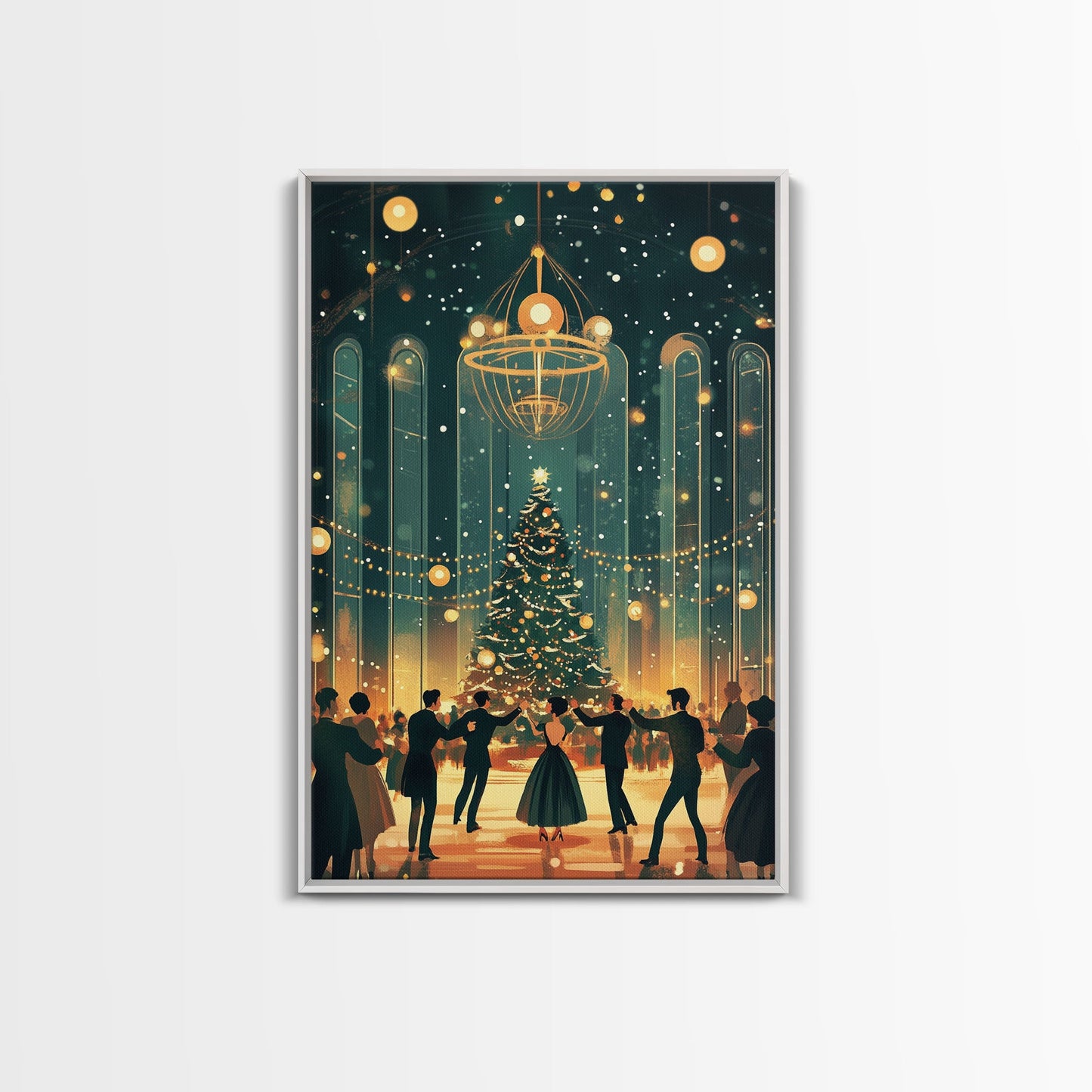 Elegant Ballroom Christmas Dance Scene with Holiday Lights and Decorations, Perfect Holiday Decor for Winter Wonderland, Framed Canvas Print