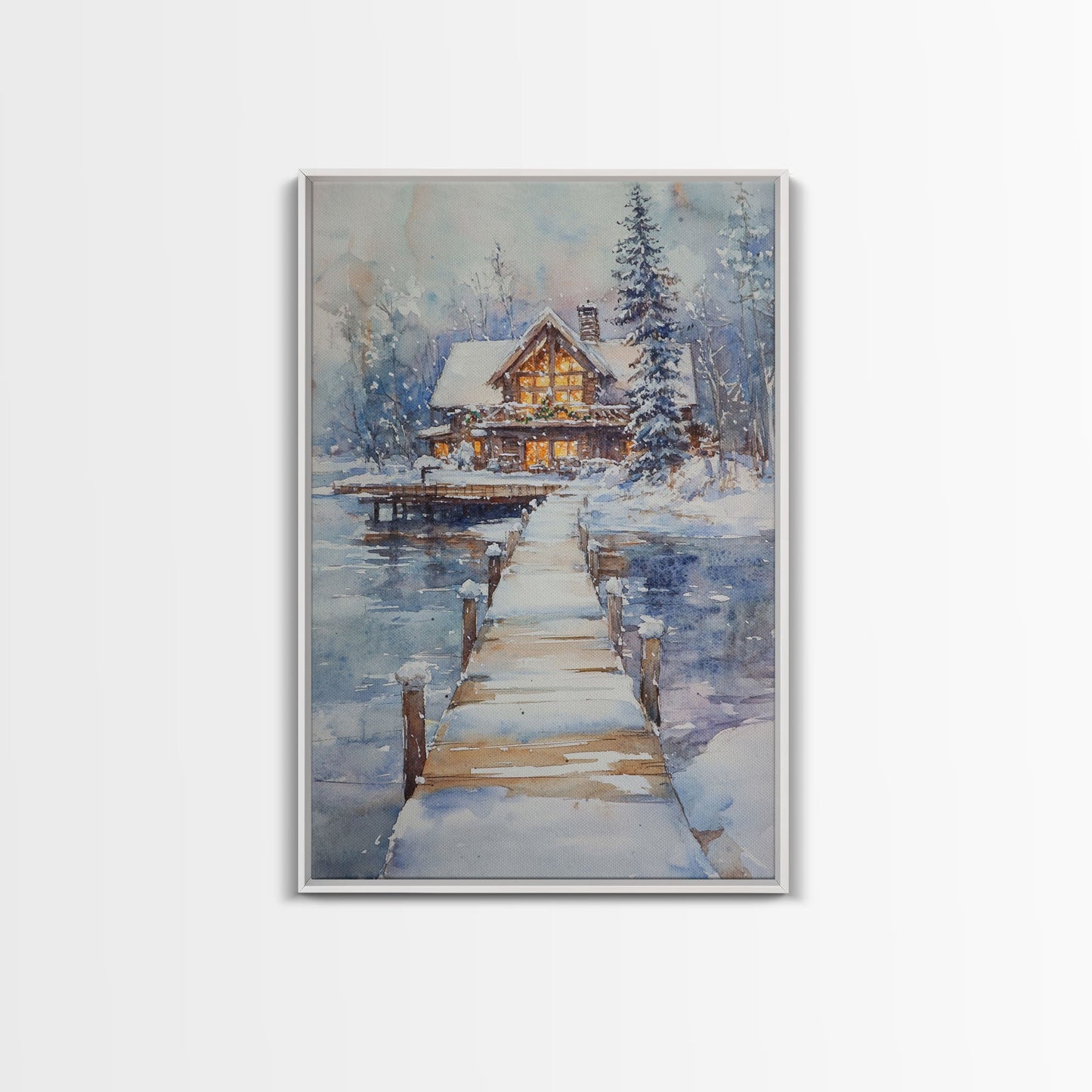 Christmas At The Lake, Framed Canvas Print, Wood Frame Lake House Decor, Winter Lakehouse Art