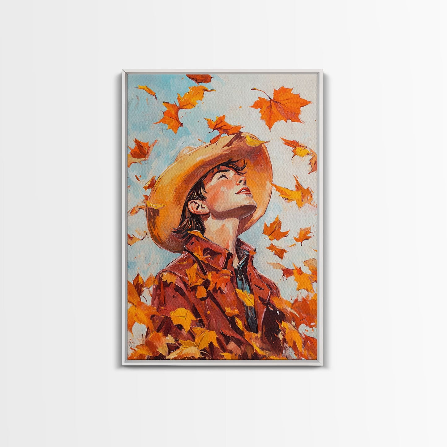 Cowboy Fall Decor Canvas Print with Windblown Leaves, Rustic Farmhouse Autumn Holiday Wall Art Seasonal Gift Idea 2024