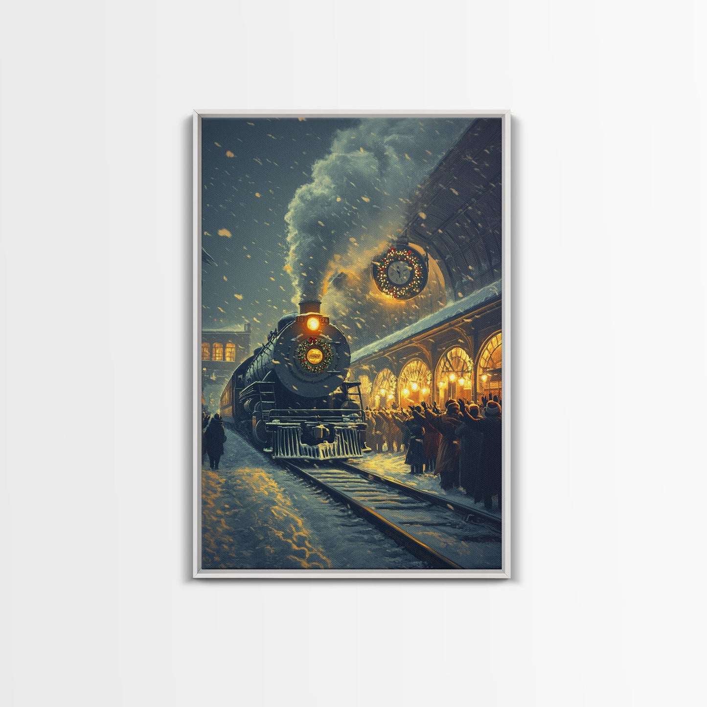 Nostalgic Christmas Train Station Scene in Snowy Winter Night, Ideal for Holiday Decor, Framed Canvas Print