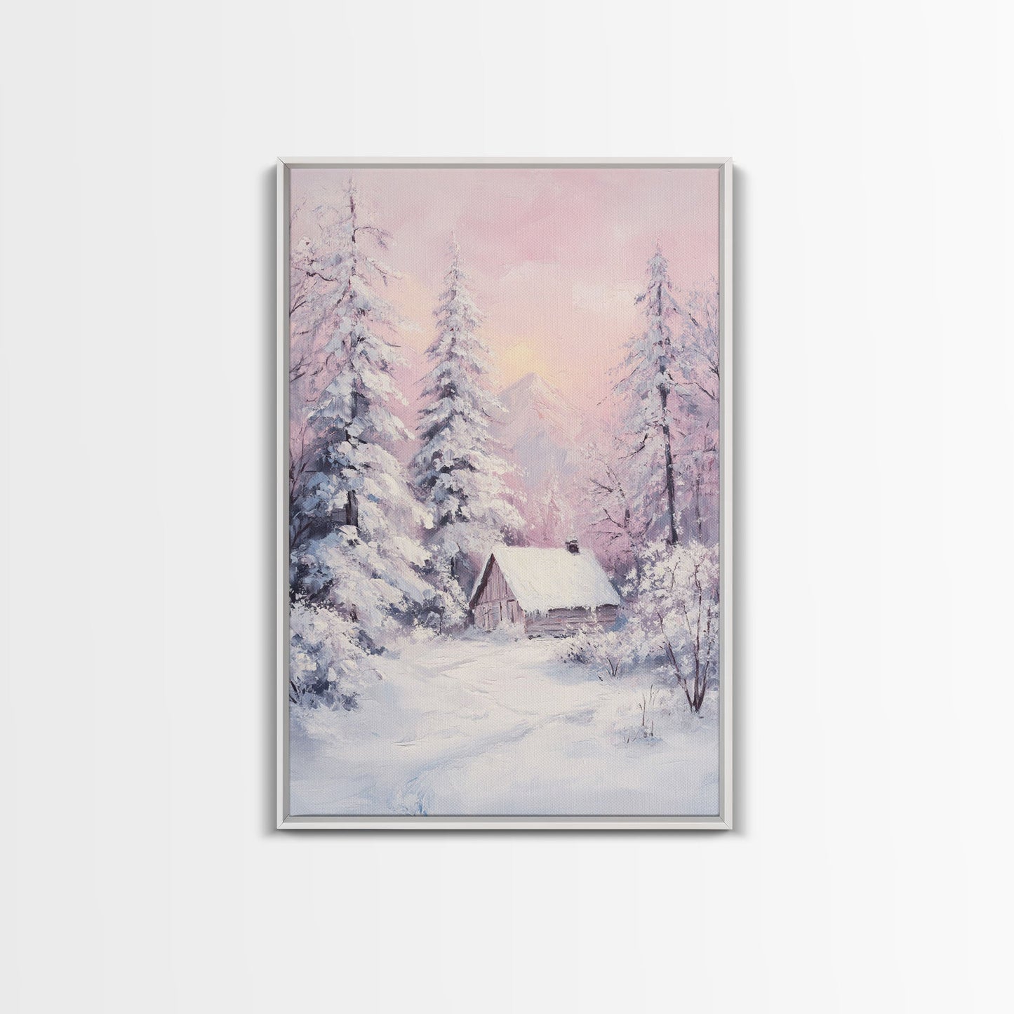 Pink Snowy Cabin Landscape Framed Canvas Print Wall Art Winter Wonderland Decor, Christmas Art Gift, Rustic Winter Scene Art