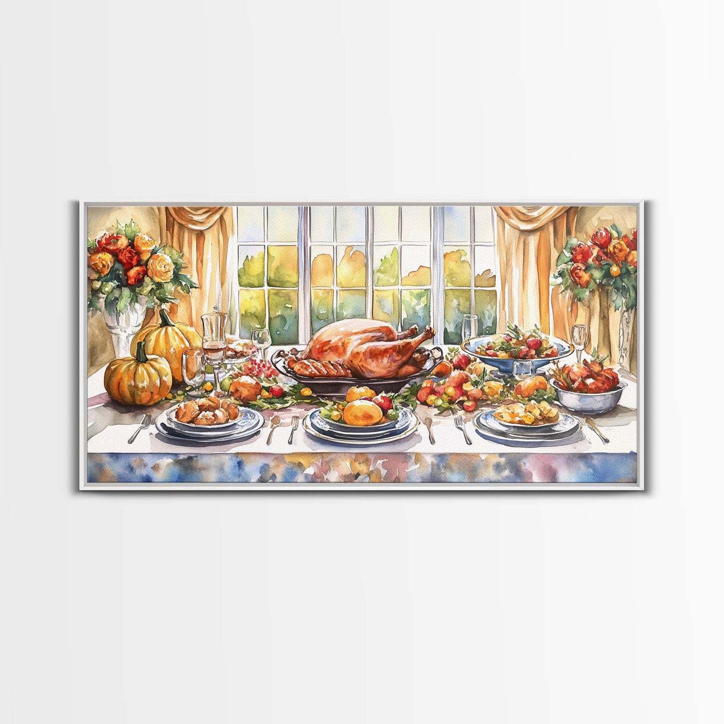 Framed Canvas Print Autumn Thanksgiving Dinner Table Art with Pumpkins, Perfect Fall Home Decor, Seasonal Wall Art, and Gallery Wall Piece