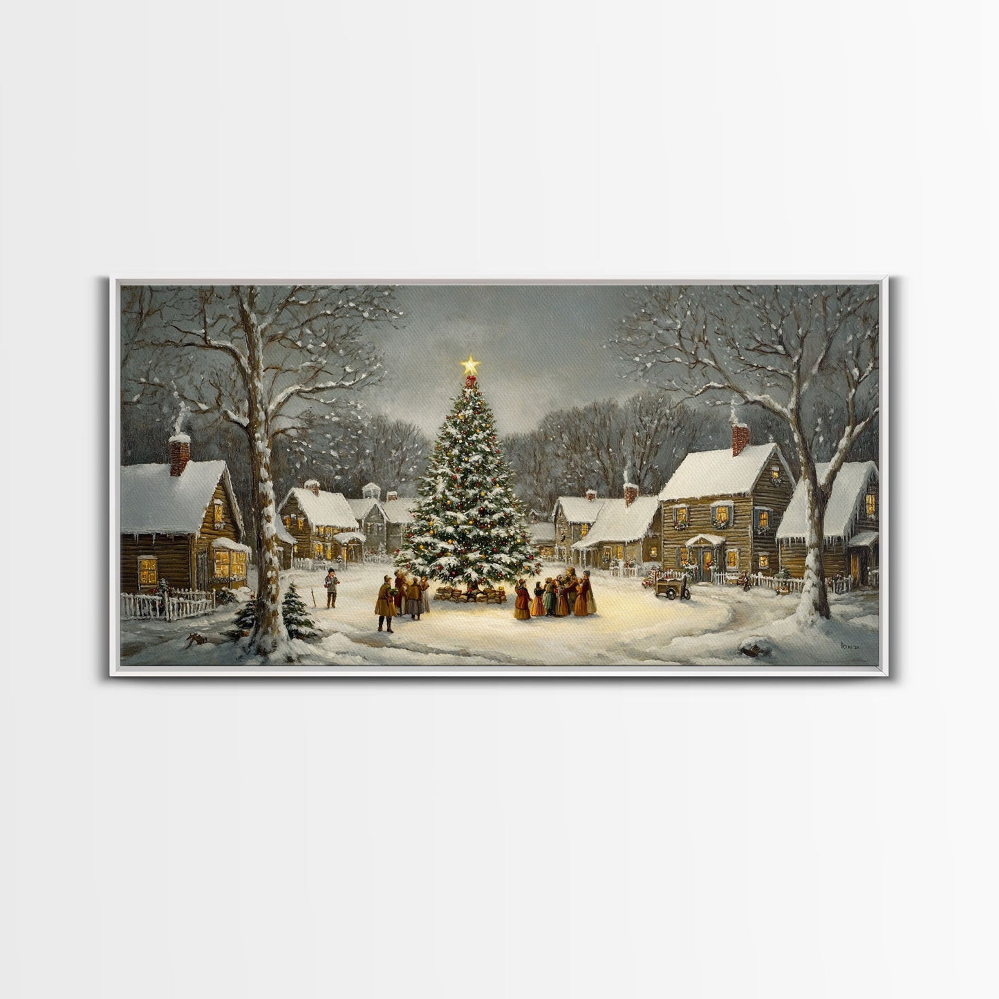Large Christmas Tree In Snowy Village With Families, Winter Wonderland Holiday Wall Art, Framed Canvas Print, Rustic Christmas Decor