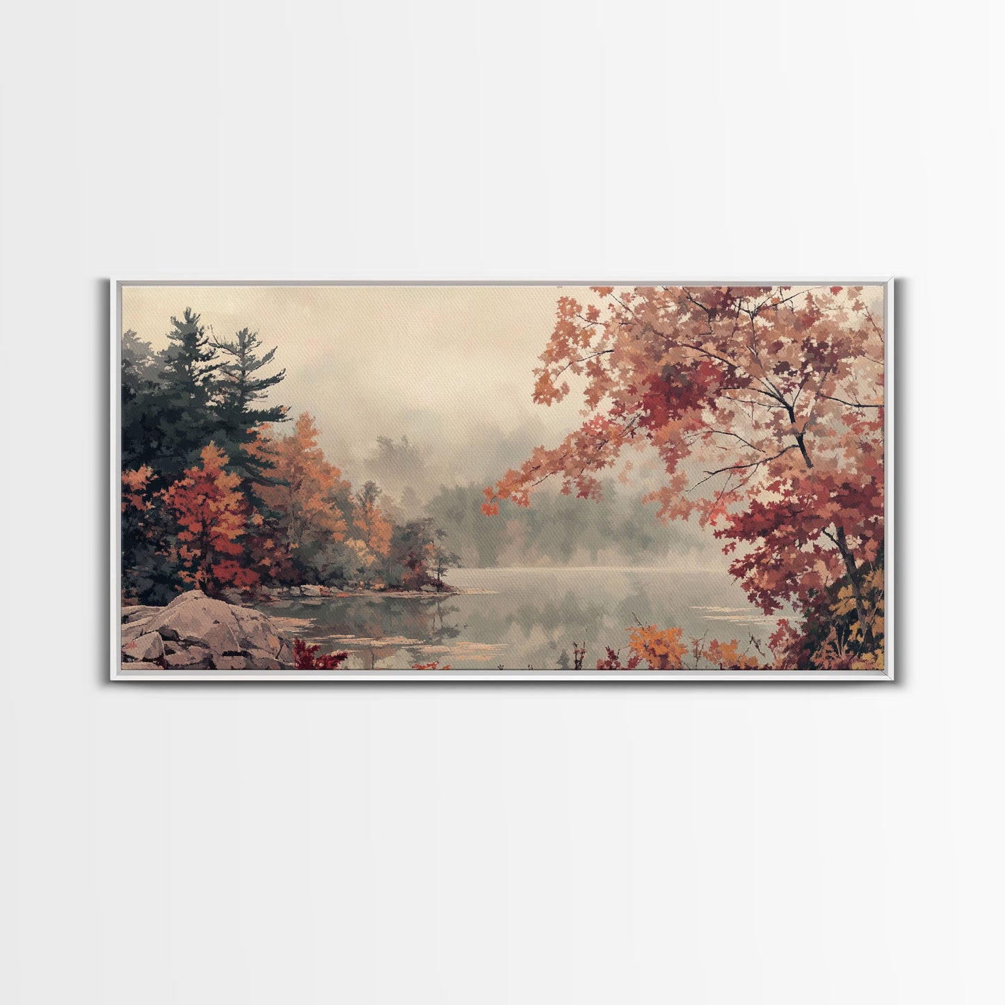 Misty Lake and Autumn Trees Framed Canvas Print, Tranquil Landscape Art, Fall Nature Scene Wall Art, Seasonal Fall Decor, Gallery Wall