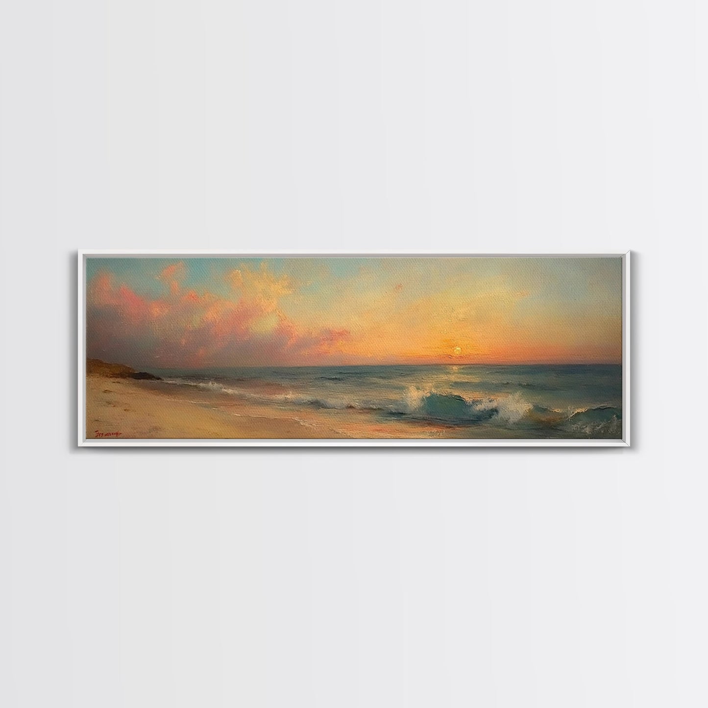 Ocean Waves Crash Into a Hidden Beach at Sunset, Framed Canvas Print, Panoramic Boho Seascape Painting