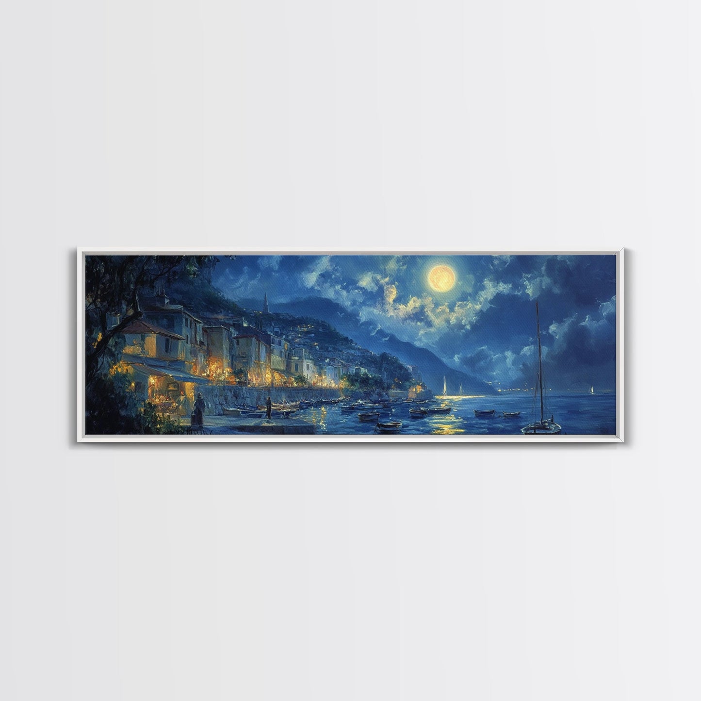 Italian Fishing Village at Midnight Under a Full Moon, Framed Canvas Print, Panoramic Wall Art, Eclectic Boho Home Decor, Wide Oversized Wall Art
