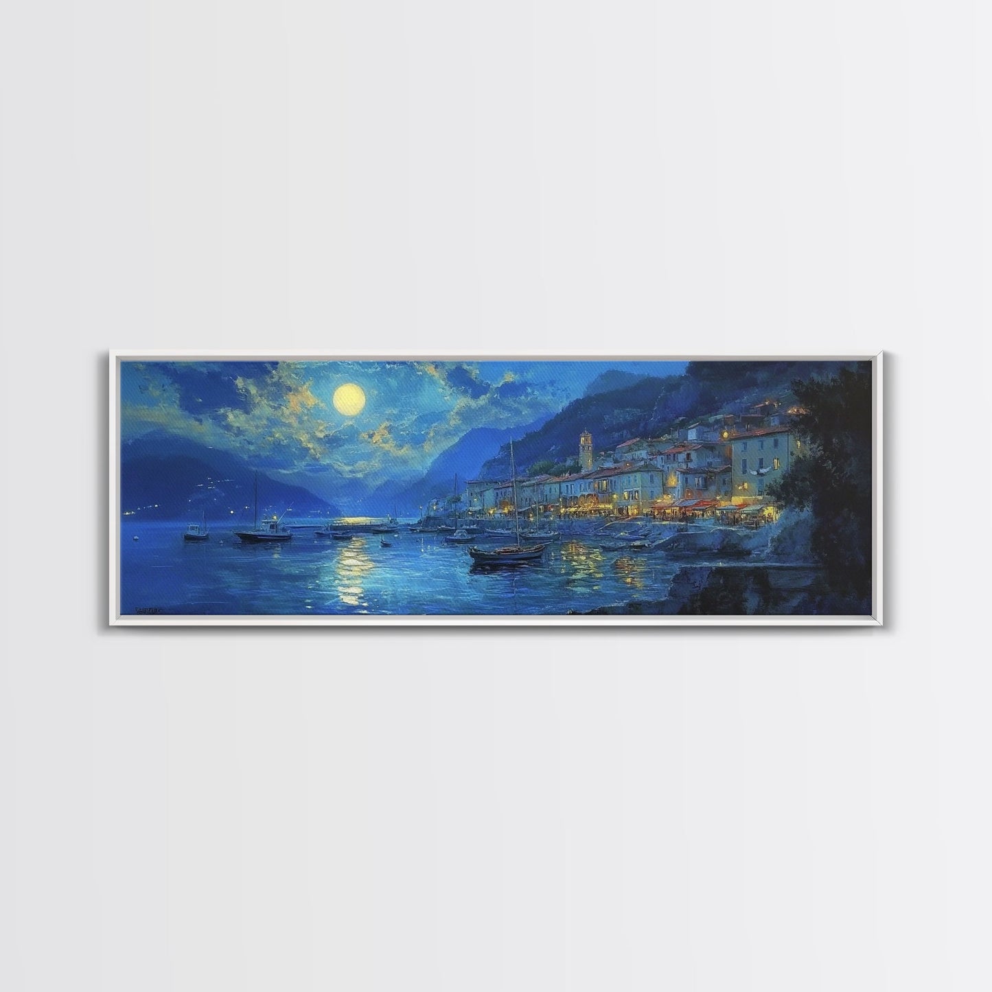 Midnight in Italy - Full Moon - Italian Oil Painting Canvas Print - Whimsical / Eclectic Landscape Painting - Minimalist Boho Home Decor