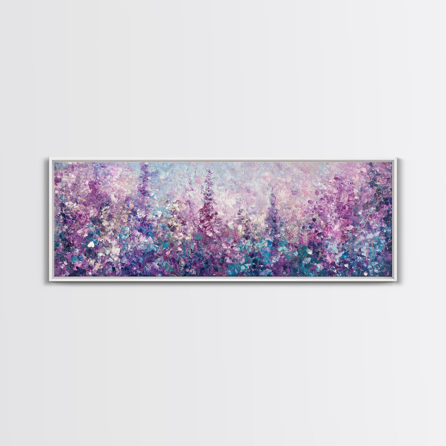 Purple Flower Painting, Lavender and Lilacs, Framed Canvas Print, Boho Style Panoramic Painting Wall Art, Purple and Blue Flowers