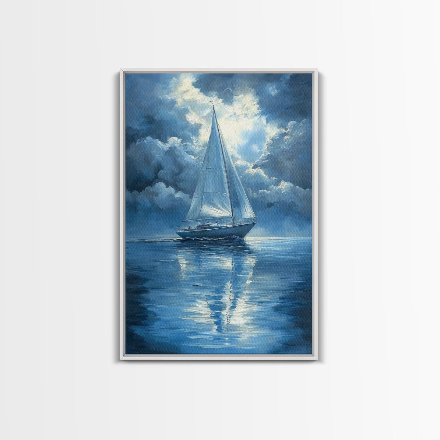 Reflections of a Sail Boat under a Full Moon Framed Canvas Print, Nautical Decor, Sail Boat Oil painting, Sailboat Painting, Nautical Home Decor