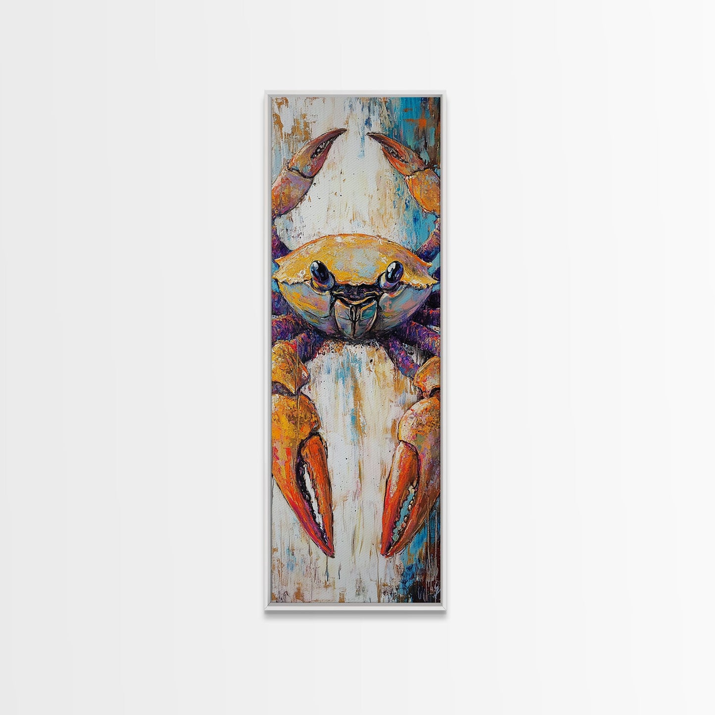 Colorful crab, coastal cowgirl wall art, crayfish painting, nautical wall art, framed canvas print, tall skinny art, rustic décor