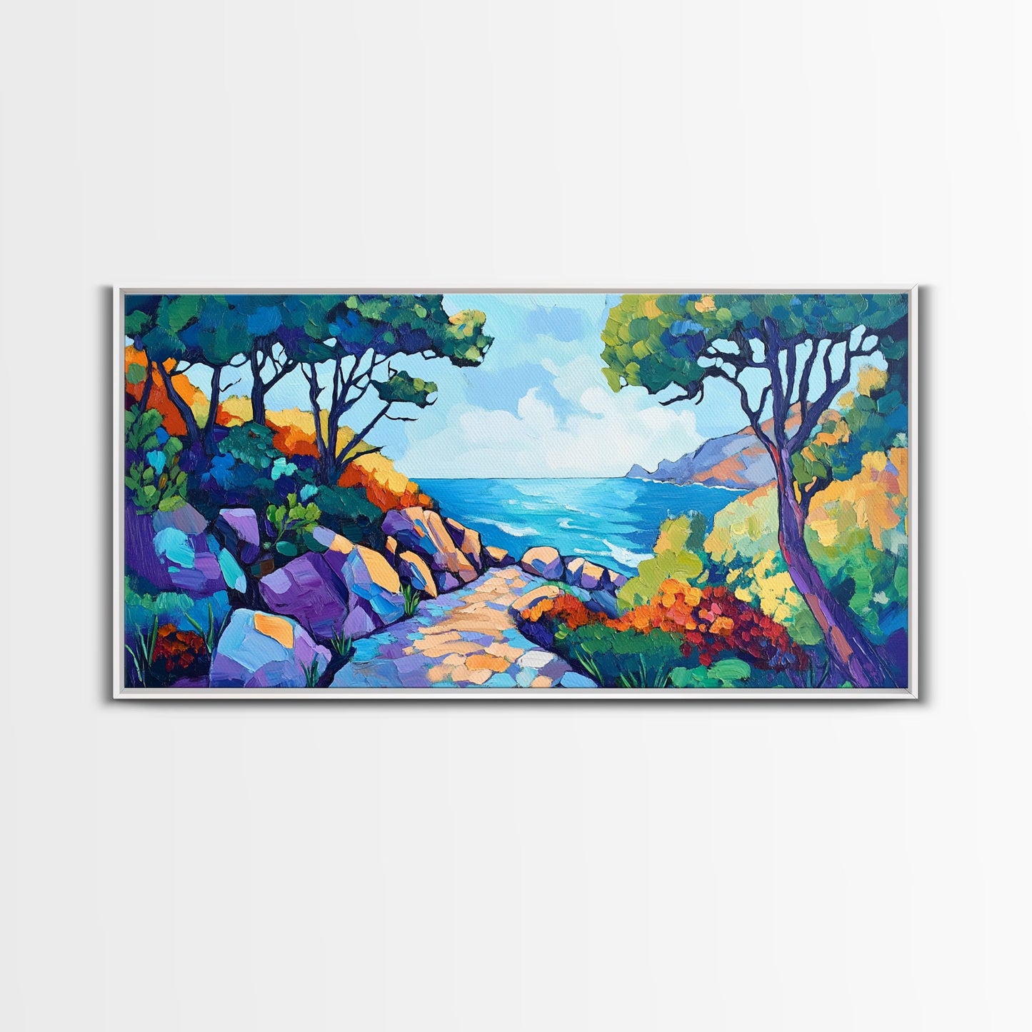 Coastal Pathway, bold colors, impressionist seascape, ocean view, vibrant painting, coastal wall art, Canvas Print, beach decor