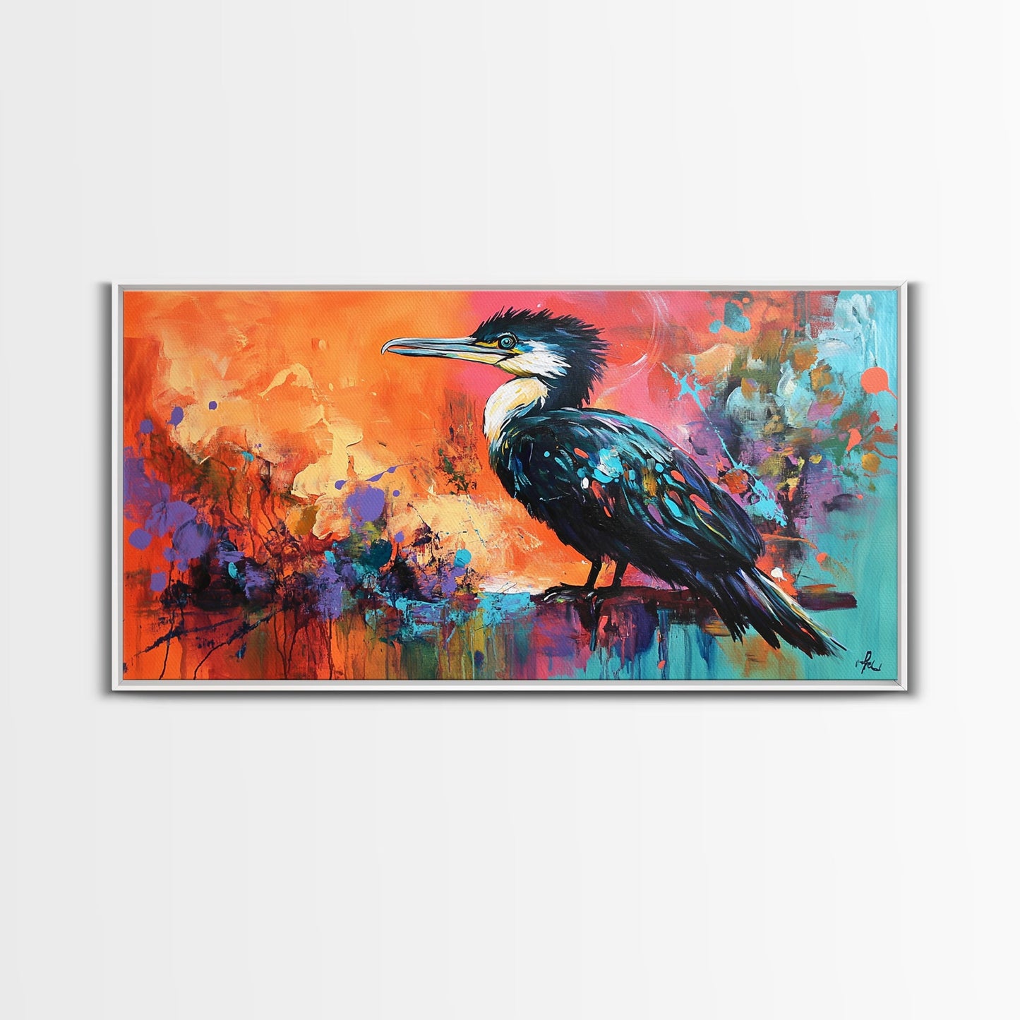 Colorful Bird, bird art, whimsical art, teal wall art, abstract wildlife painting, vibrant decor, boho art, Framed Canvas Print