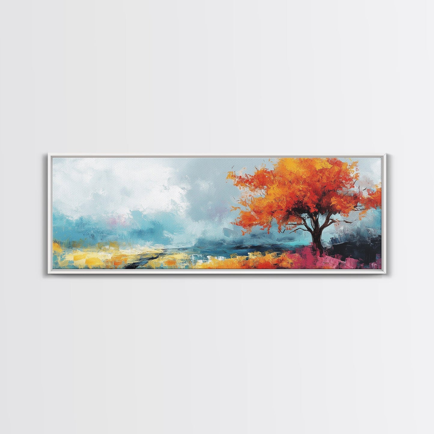 Autumn Tree Breeze Framed Canvas Print Vibrant Fall Foliage Painting Impressionist Seasonal Wall Art Warm Colors Living Room Decor