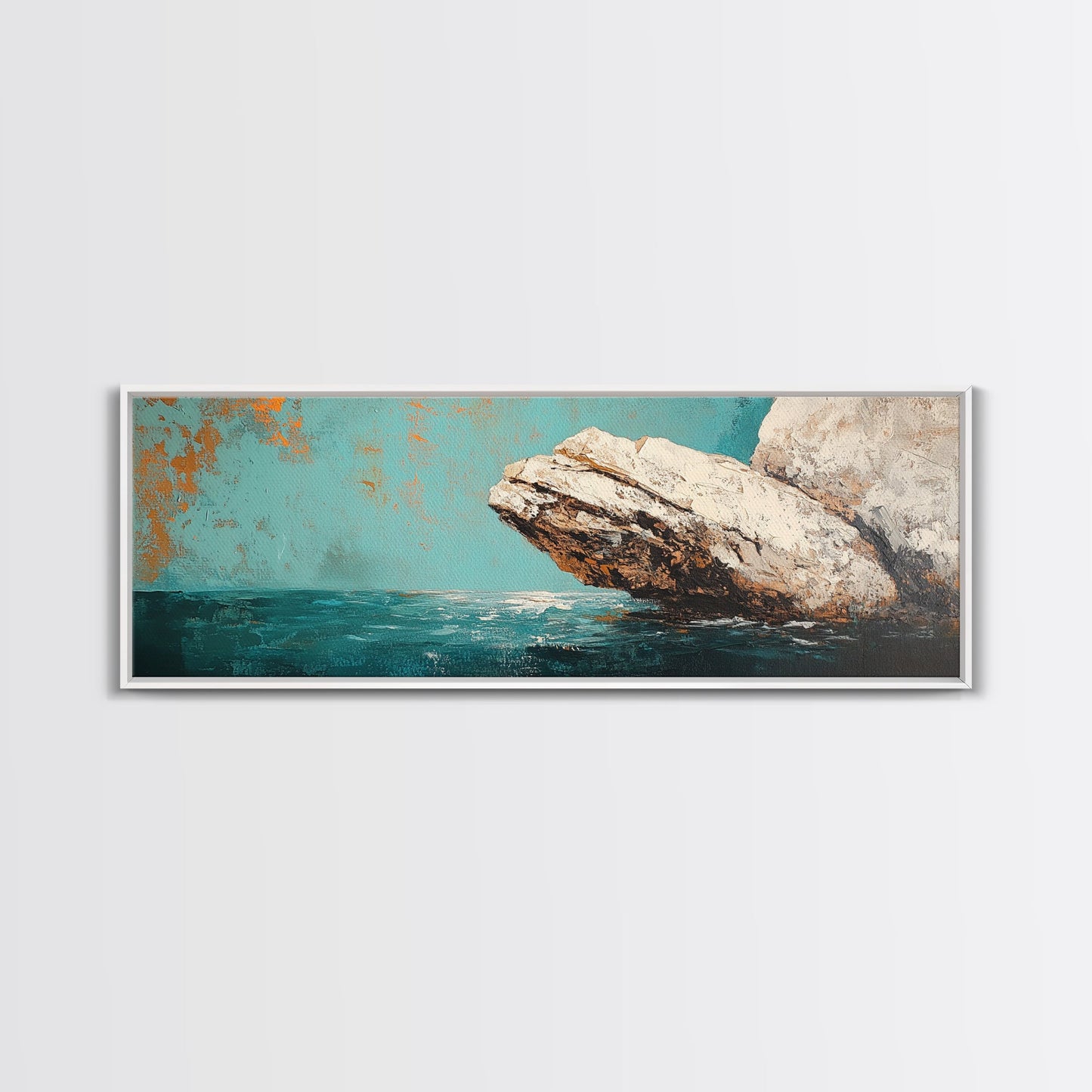 Coastal Rock Formation Framed Canvas Print, Ocean Cliff Painting, Nautical Wall Art, Beach House Decor, Textured Landscape Artwork