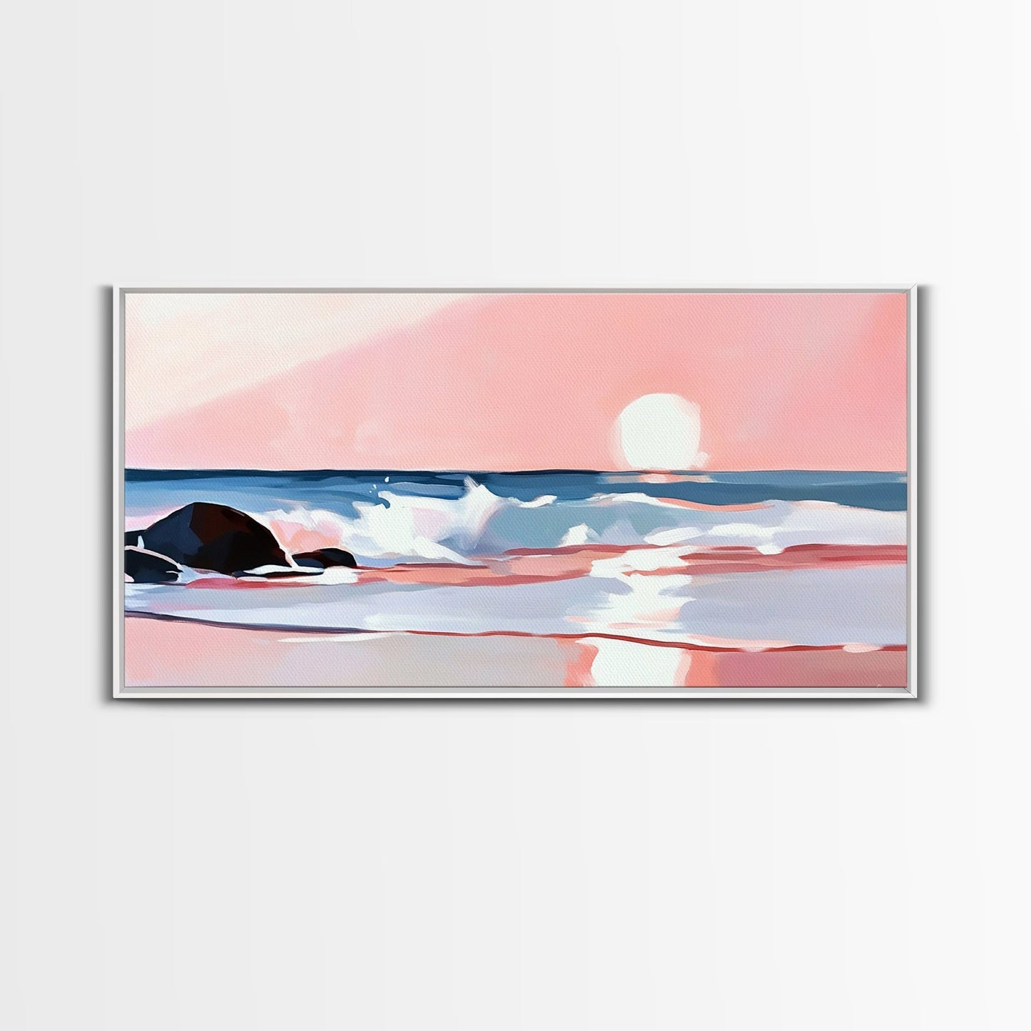 Sunset Beach, Ocean Waves, Framed Canvas Print, Coastal Wall Art, Pink Sky Painting, Living Room Decor, Tropical Seascape