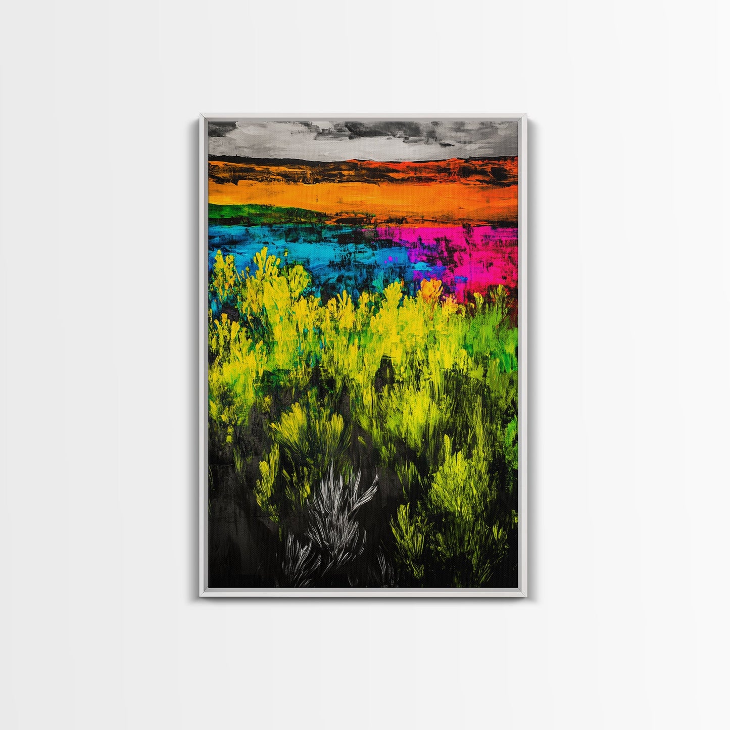 Colorful Prairie, Abstract Fields, Bright Wildflowers, Framed Canvas Print, Vibrant Wall Art, Boho Home Decor, Living Room Statement