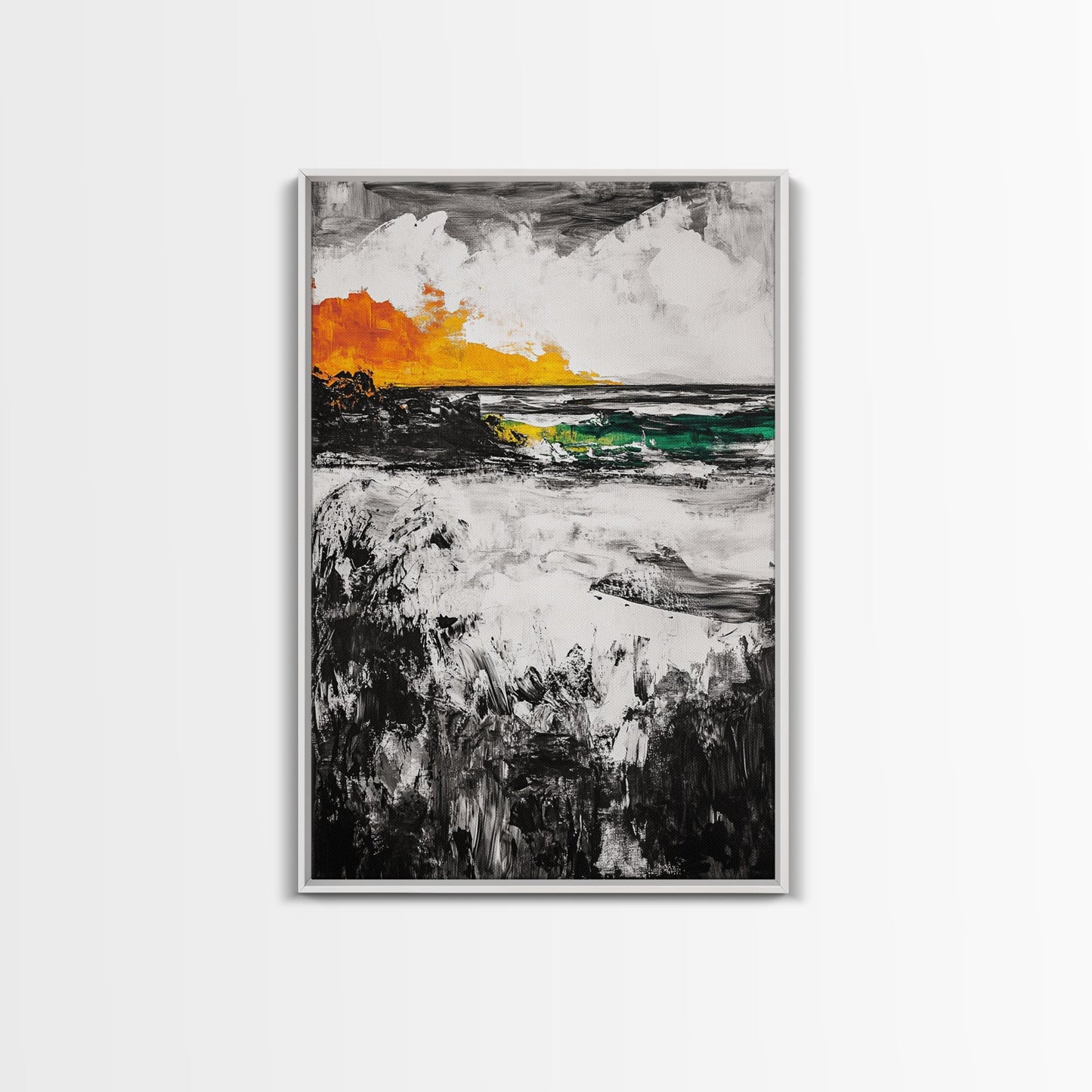 Sunset Waves, Coastal Painting, Ocean Sunset, Abstract Landscape, Framed Canvas Print, Nautical Art, Living Room Wall Art, Bold Color Art