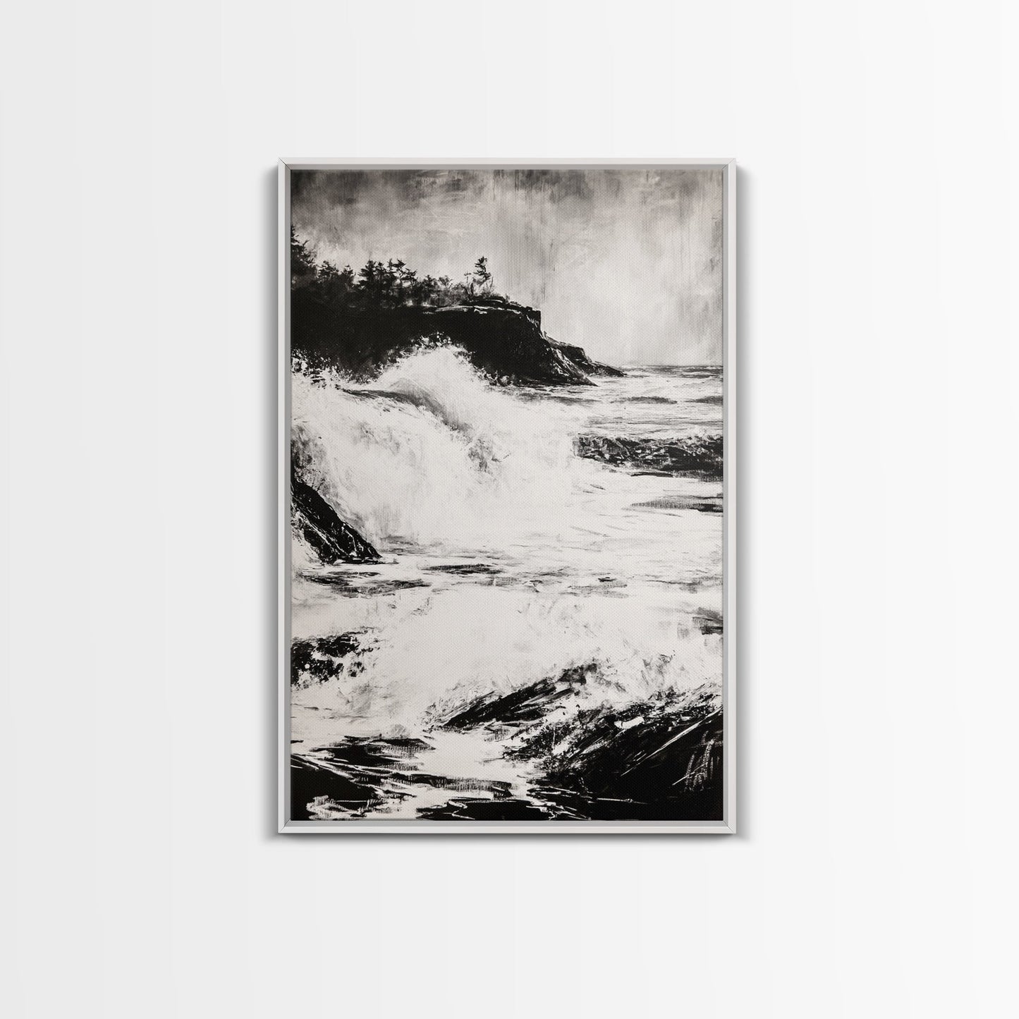 Ocean Waves, Seascape Painting, Framed Canvas Print, Beach House Decor, Nautical Wall Art, Black and White Art, Coastal Living Room