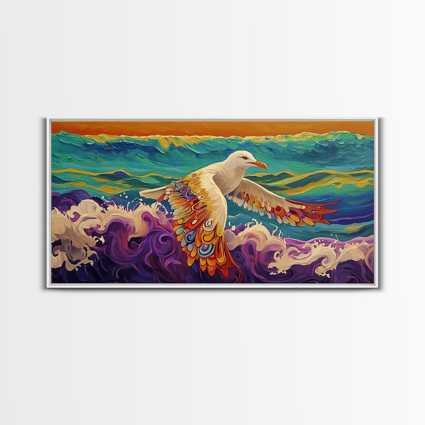 Seagull Ocean, Wings, Framed Canvas Print, Whimsical Bird Wall Art, Nautical Coastal Decor, Colorful Beach Painting, Boho Wall Art