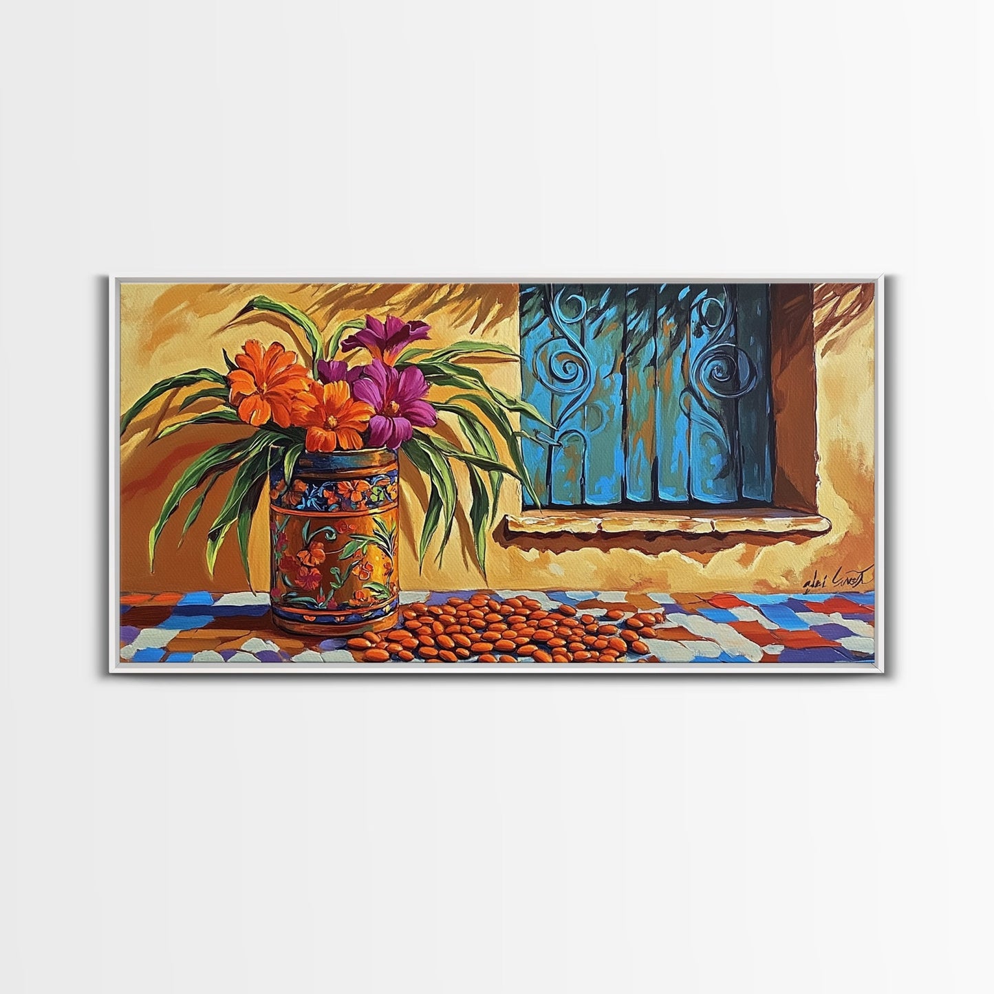 Flowers Pottery, Window, Still Life, Canvas Print, vibrant floral still life wall art, Mexican pottery, rustic kitchen décor