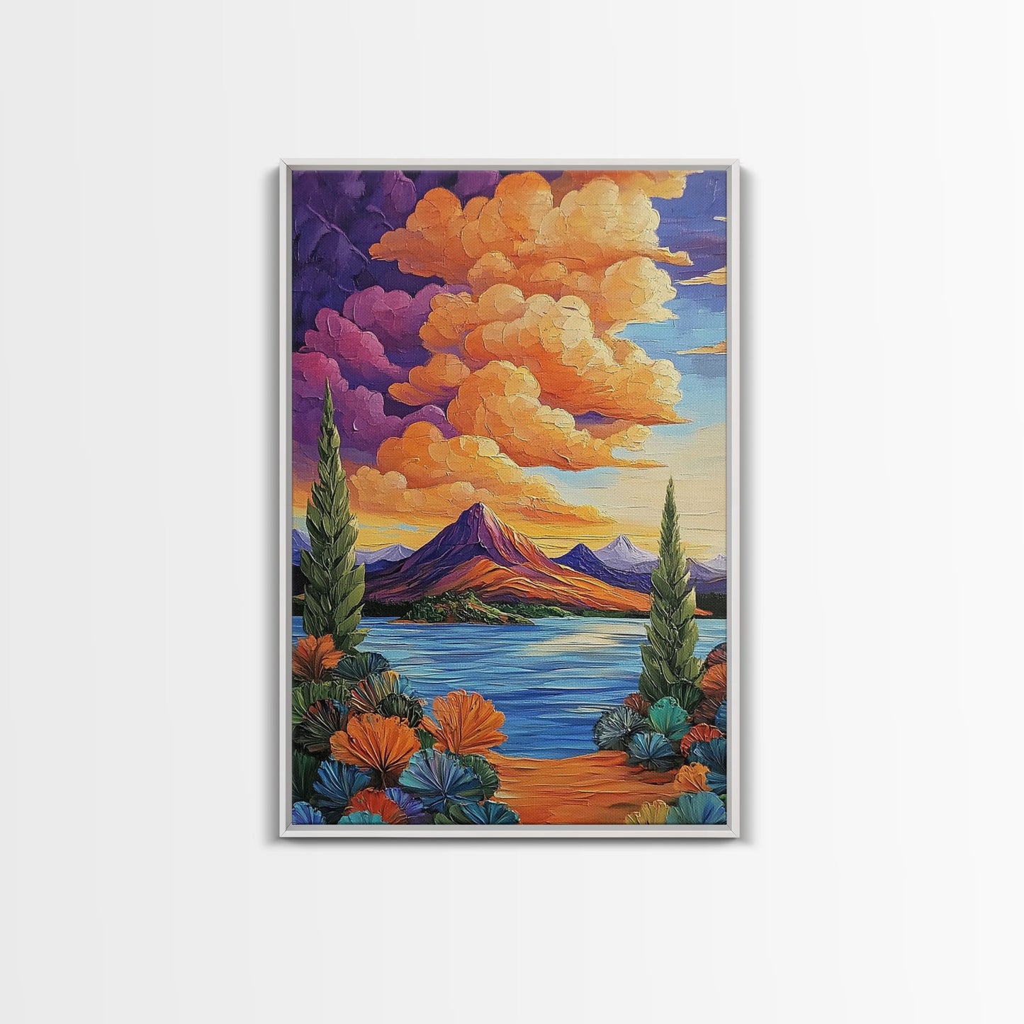Mountain Lake, Cloudscape, Reflection, Framed Canvas Print, Bold sunset wall art, vibrant color landscape, Cabin or Living Room Wall Art