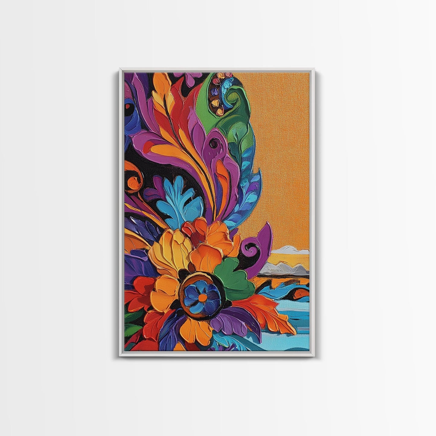 Fiesta Flower, Southwest Pattern, Mexican Style, Bright Floral, Framed Canvas Print, Kitchen Wall Art, folk boho art, vibrant decor