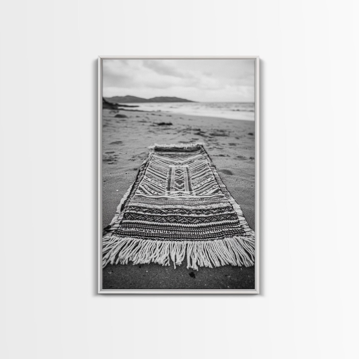 Woven Rug Beach, Bohemian Escape, Textile Texture, Black and White Canvas Print, Boho Bedroom or Yoga Studio Wall Decor