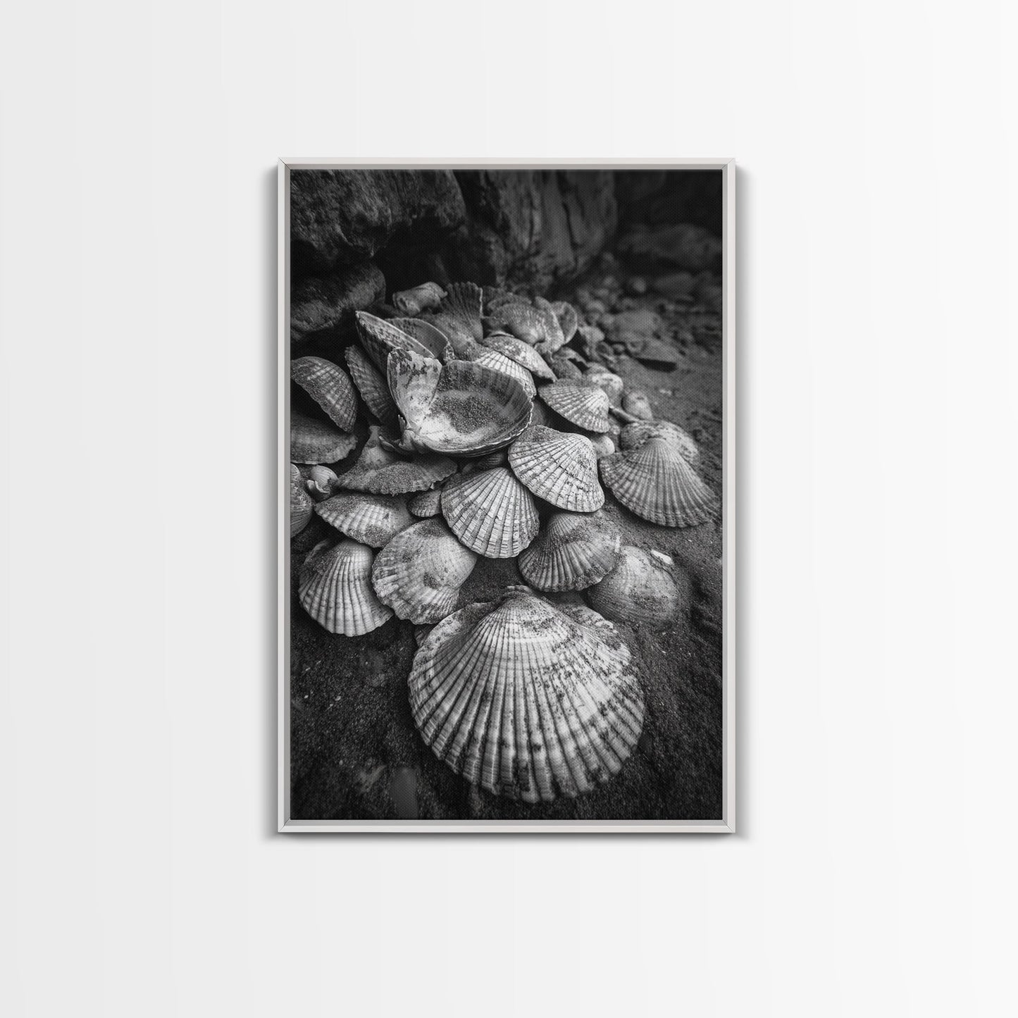 Seashell Pile, Textured Beach, Coastal Treasures, Natural Beauty Framed Canvas Print, bathroom decor, shell art, beach wall style
