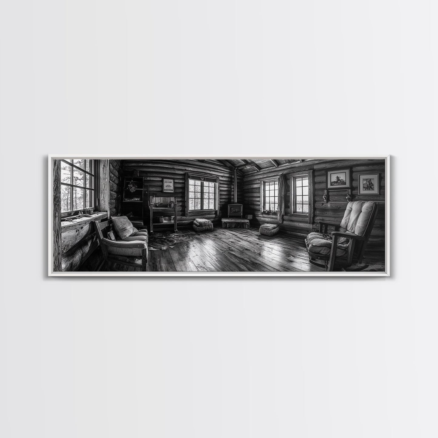 Rustic Cabin, Cozy Interior, Nature Retreat, Framed Canvas Print, Living Room Wall Art, Black and White Photography, Lodge Decor