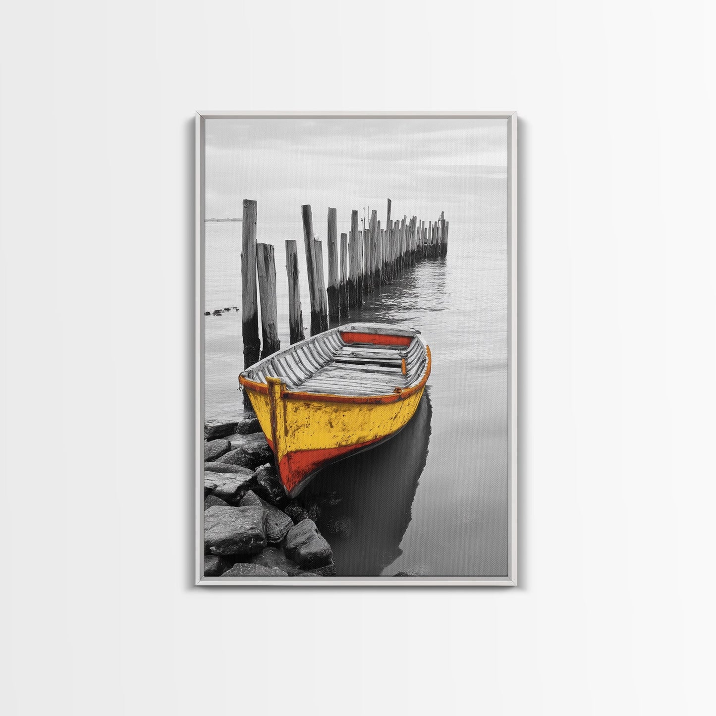 Yellow Rowboat, Coastal Mood, Pier View, Nautical Nostalgia, Framed Canvas Print, Beach House Wall Art, Rustic Seaside Decor