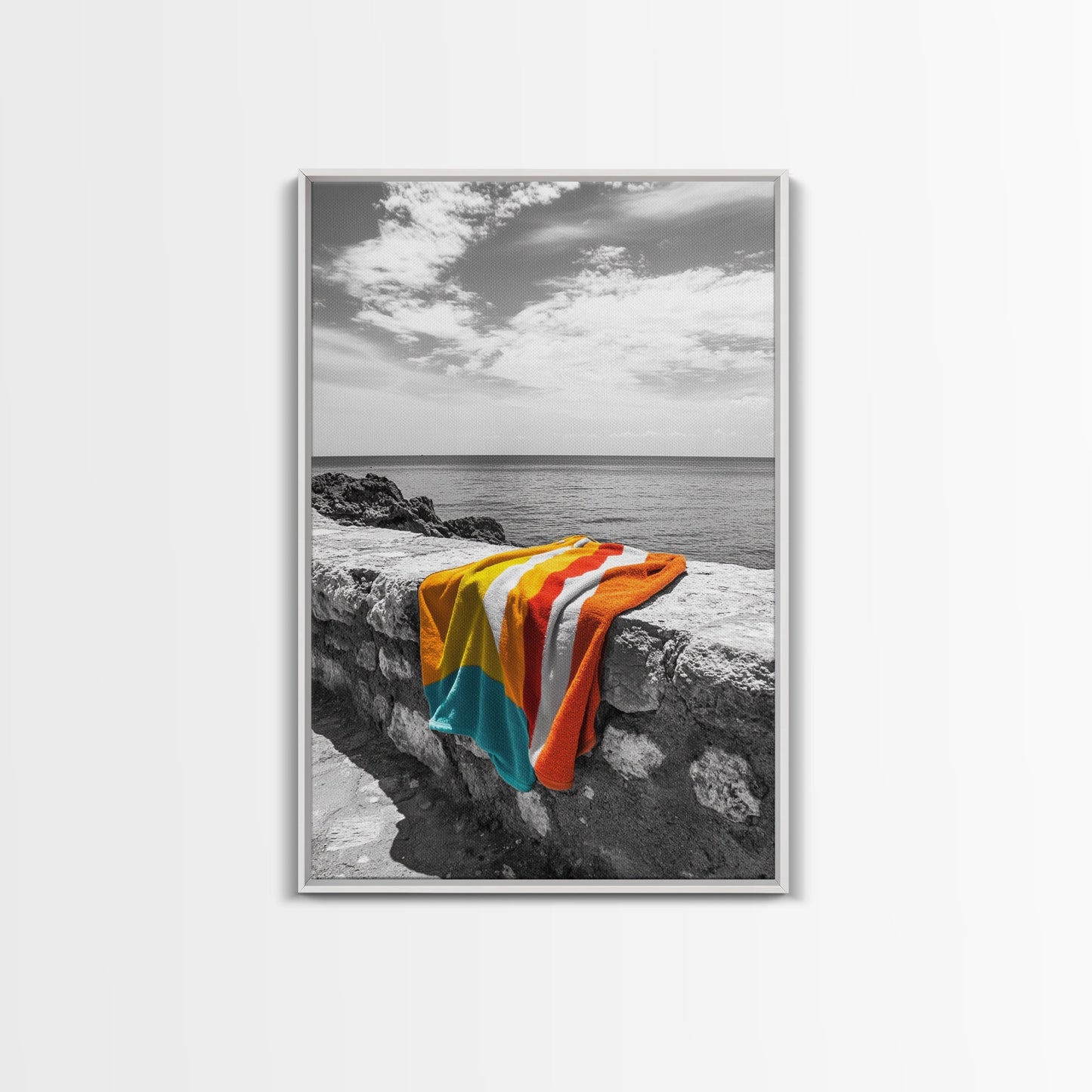 Colorful Towel, Coastal Vibes, Seaside Style, Bold Decor, Framed Canvas Print vibrant beach towel photo, bathroom wall art, summer art