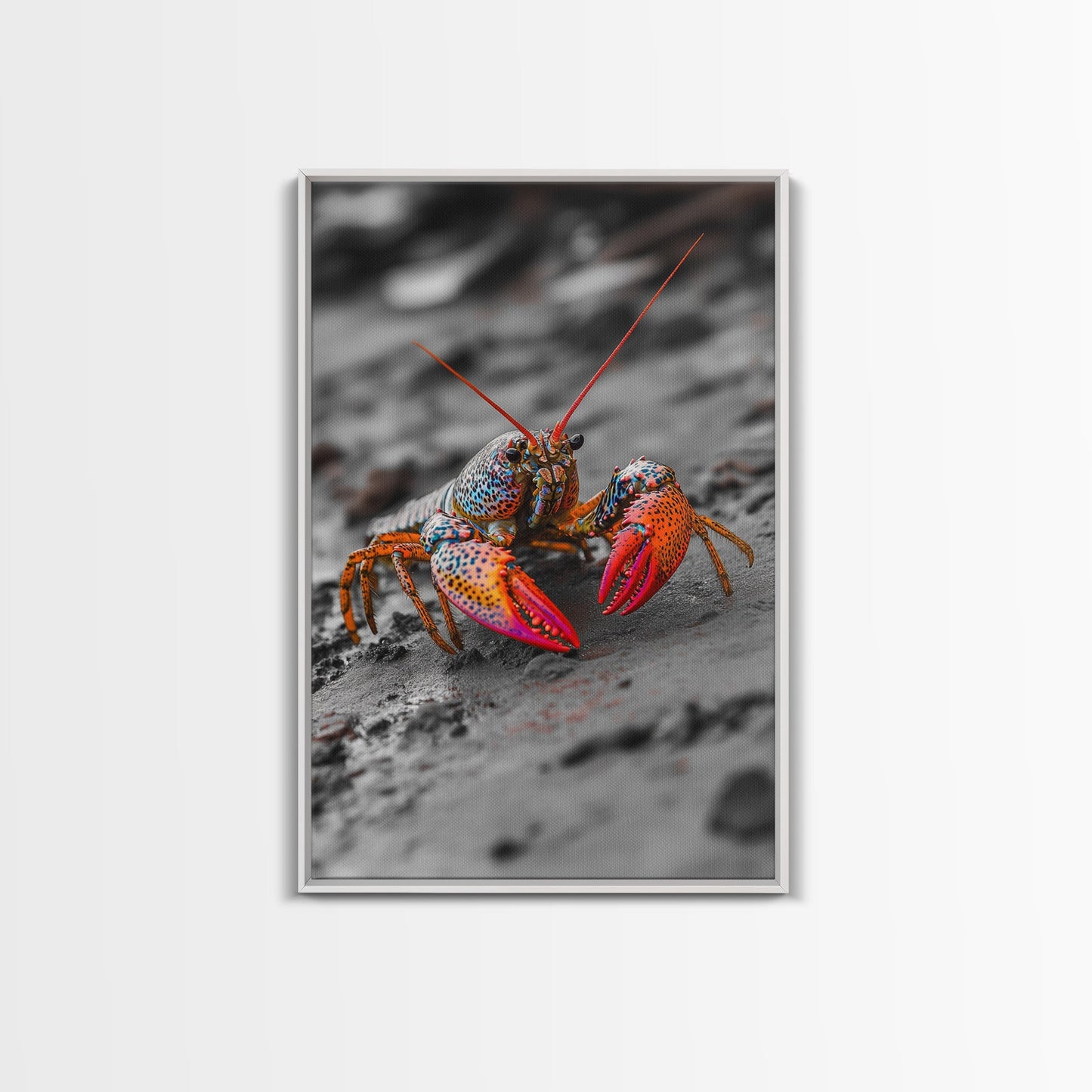 Colorful Lobster, Beach Wildlife, Close-Up Macro Art, Framed Canvas Print, Kitchen Wall Art, Coastal Marine Decor, Vibrant Style