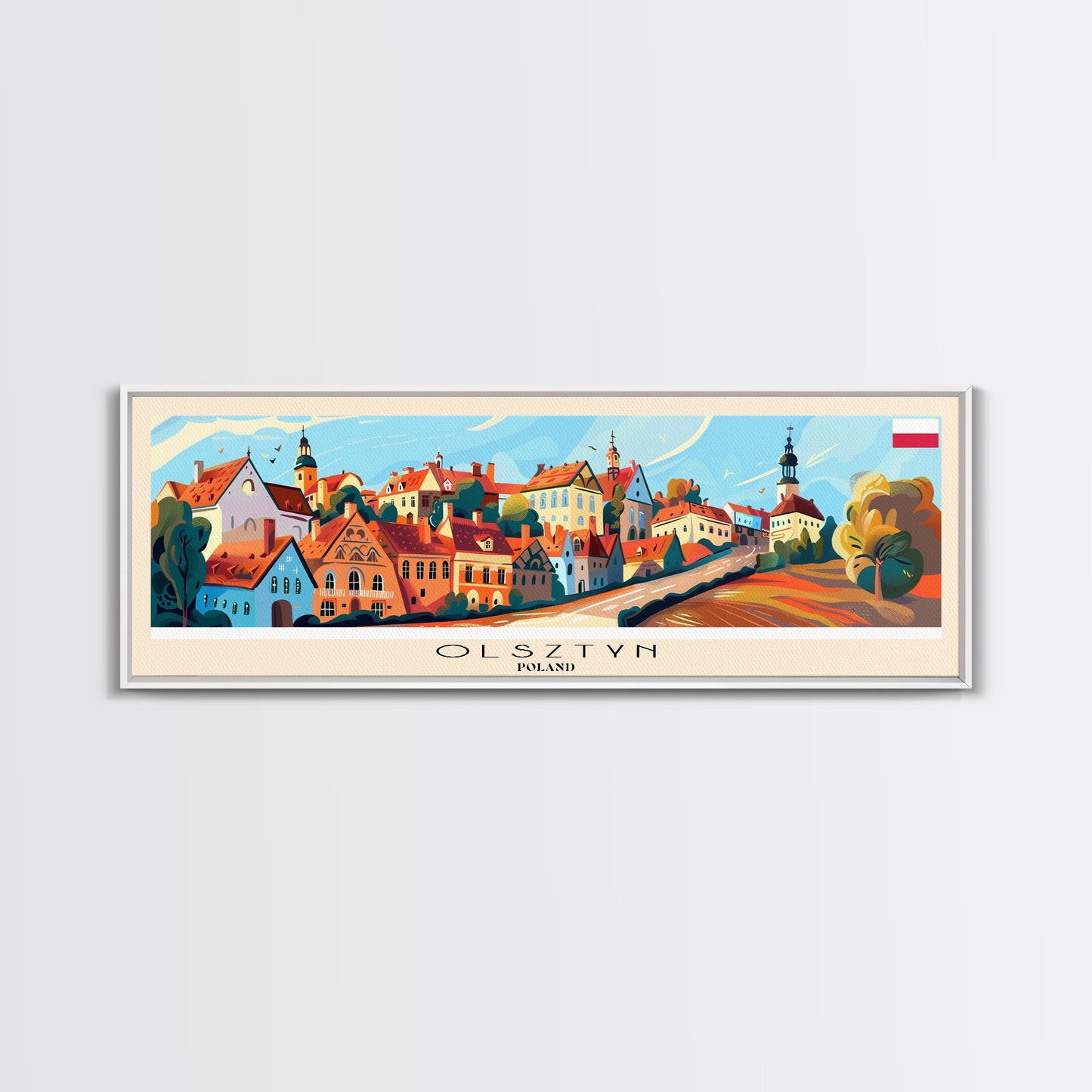 Olsztyn Poland Panoramic Travel Poster, Framed Canvas Print or Metal Wall Art, Travel Art, Home Decor, Panoramic Painting, Midcentury Art