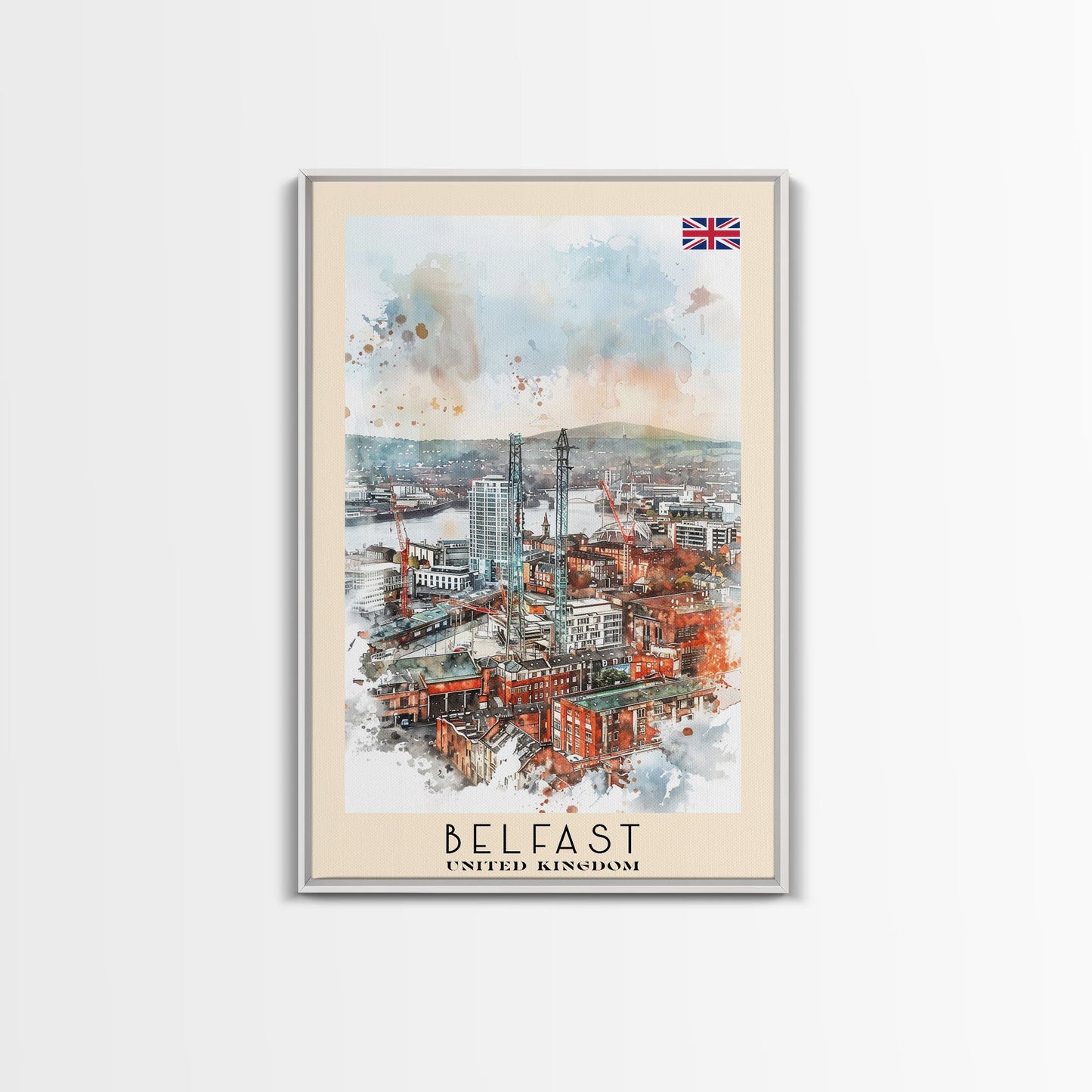 Belfast United Kingdom Travel Poster Framed Canvas Print, Wall Art, Living Room Art, Watercolor Painting, Original Art