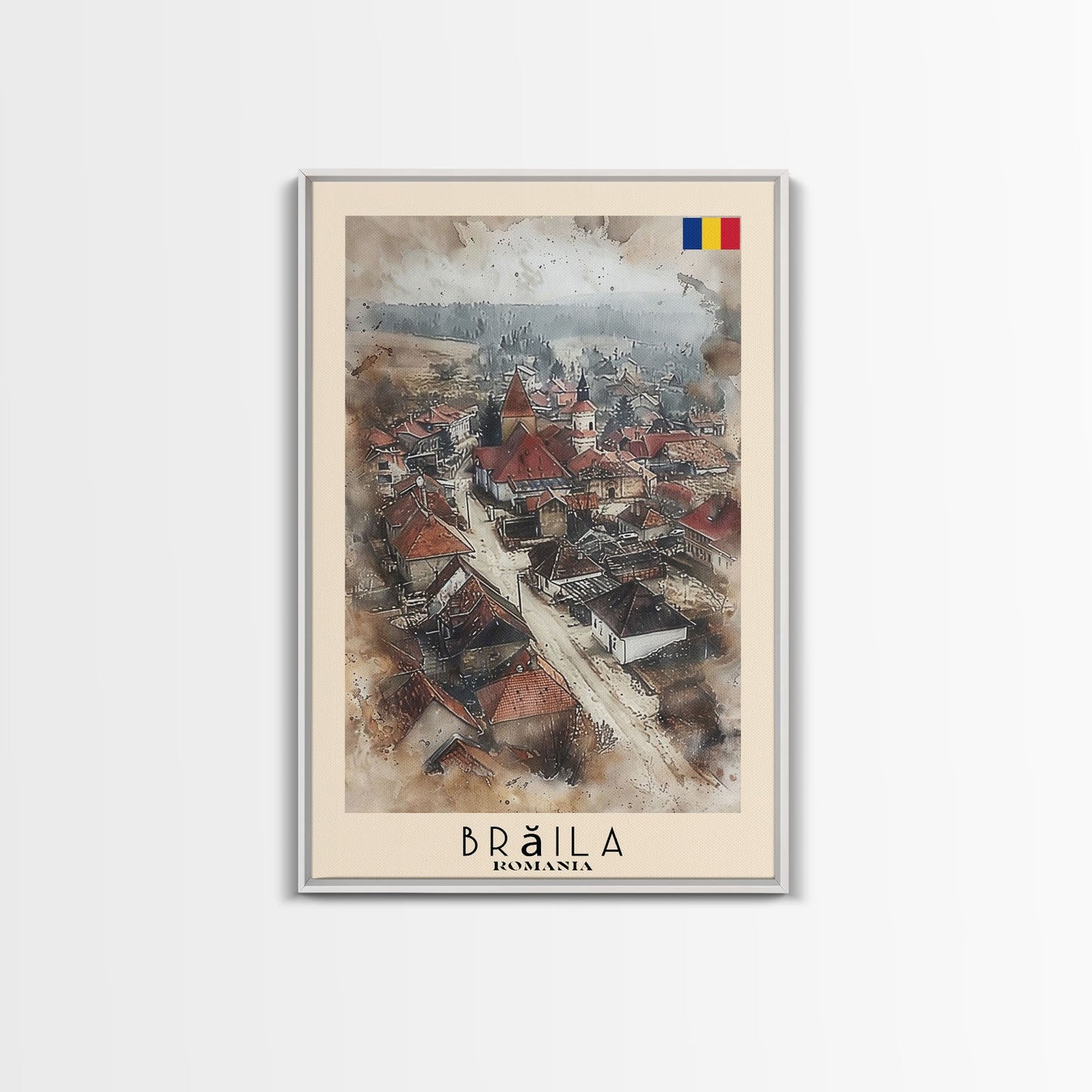 Brăila Romania Travel Poster Framed Canvas Print, Cityscape Art, Wall Decor, Travel Print, Watercolor Painting, Rustic Scene Art