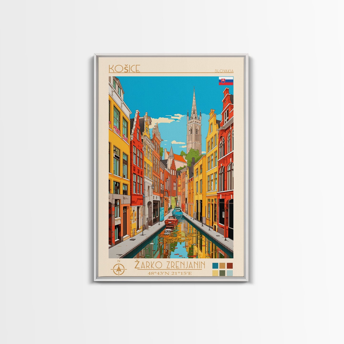 Košice Slovakia Travel Poster Framed Canvas Print, Midcentury Modern Art, Pop Art Wall Decor, Scenic Living Room Art, Bedroom Gift