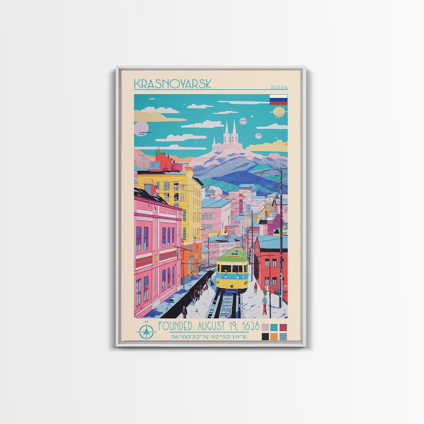 Krasnoyarsk Russia Travel Poster Framed Canvas Print, Midcentury Modern Art, Pop Art Wall Decor, Scenic Bedroom Art, Office Decoration
