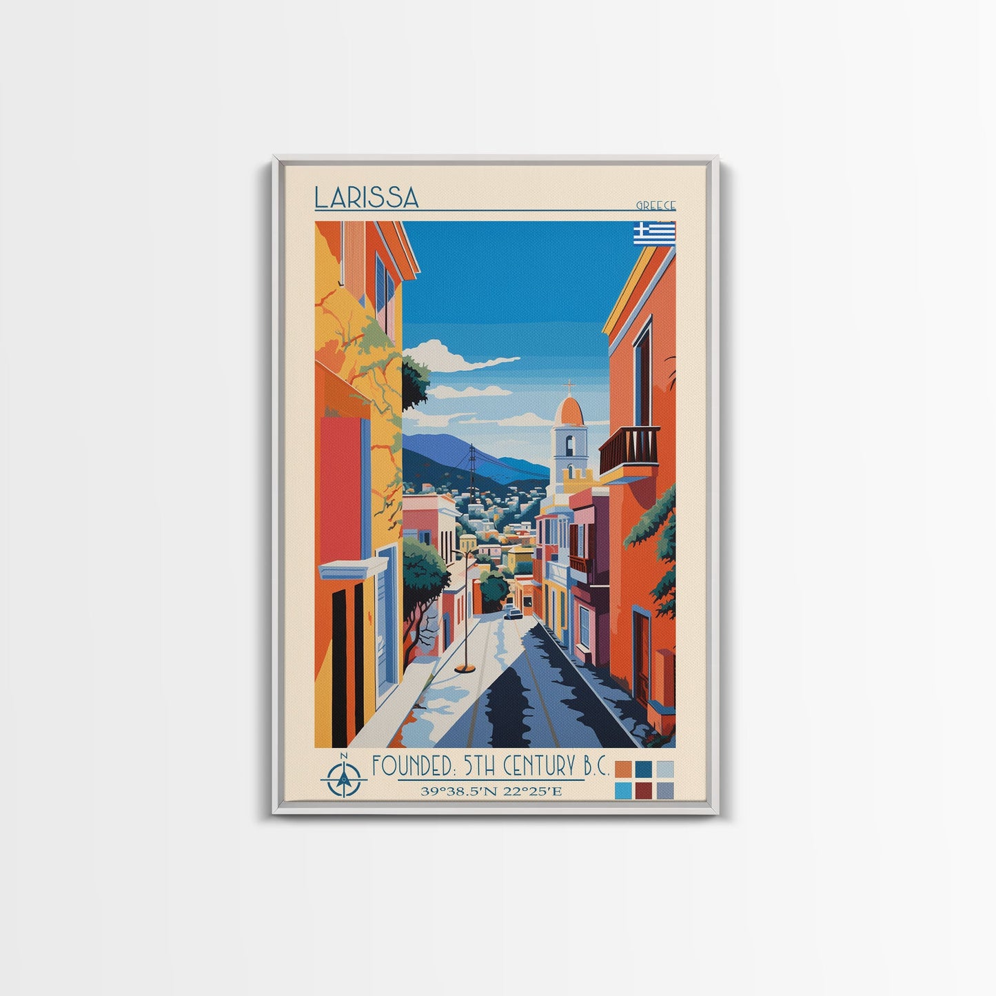 Larissa Greece Travel Poster Framed Canvas Print, Midcentury Modern Art, Pop Art Wall Decor, Scenic Wall Art, Living Room Decoration, Office Gift