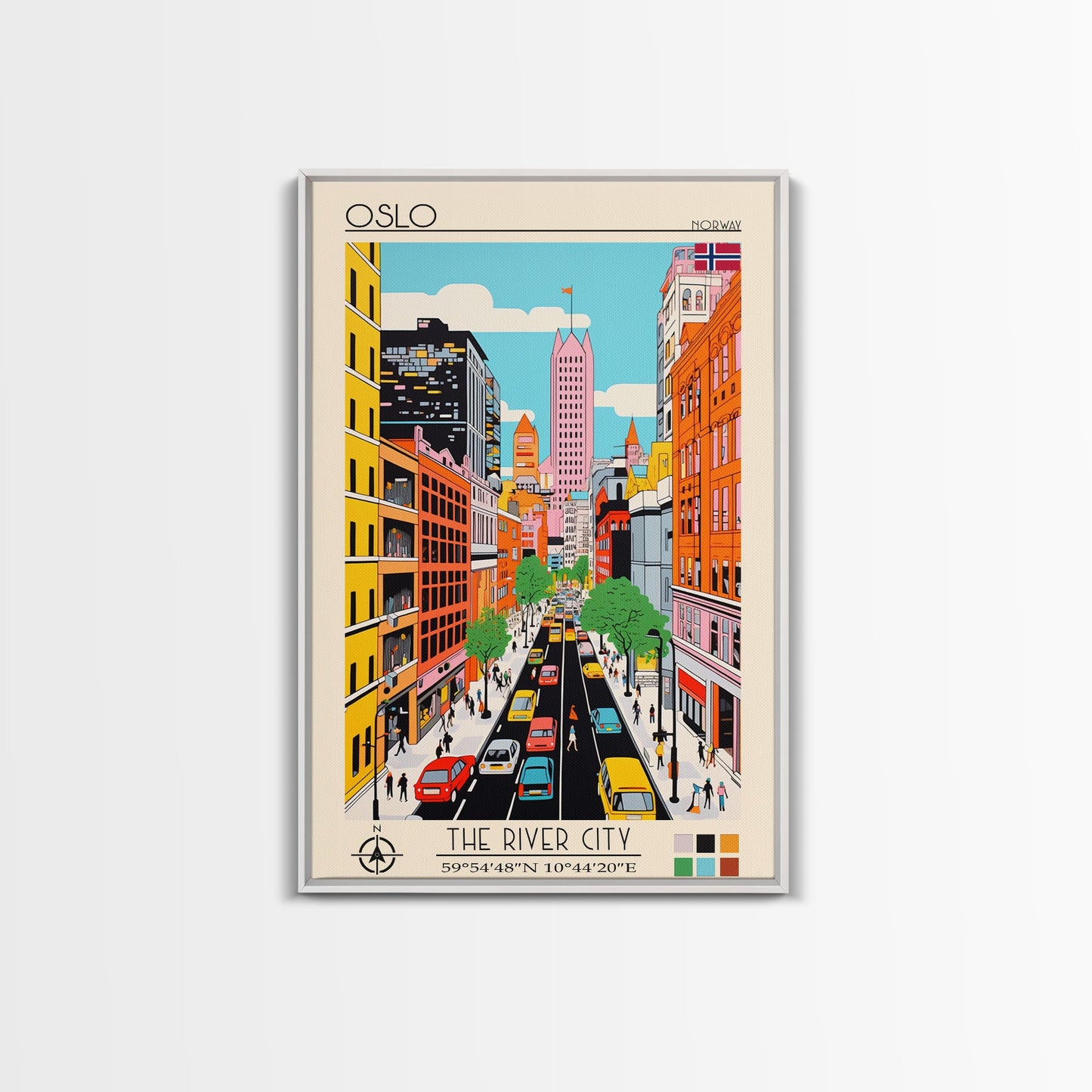 Oslo Norway Travel Poster Framed Canvas Print, Midcentury Modern Art, Pop Art Wall Decor, Scenic Living Room Art, Bedroom Gift