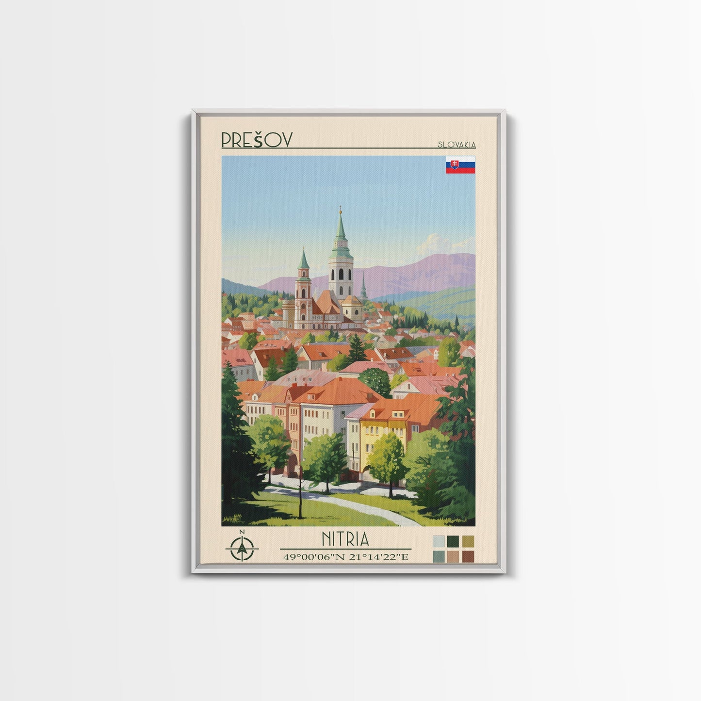 Prešov Slovakia Travel Poster Framed Canvas Print, Midcentury Modern Art, Pop Art Wall Decor, Scenic Living Room Art, Bedroom Gift